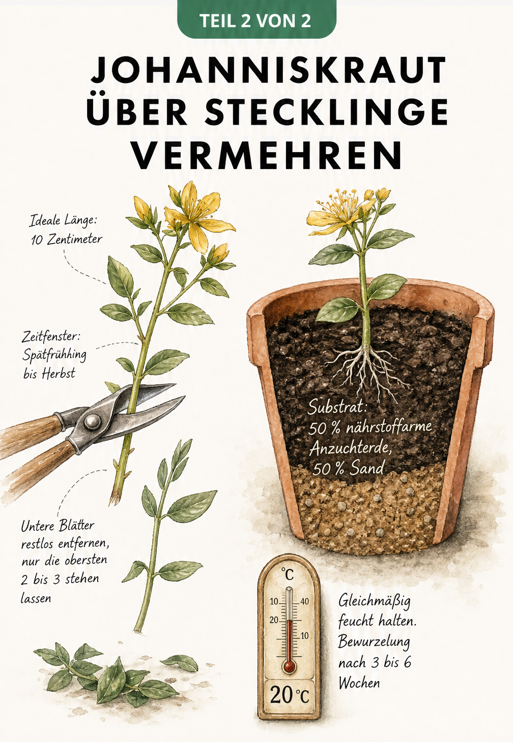 Schnittzeichnung eines Johanniskraut-Stecklings im Topf mit Anzuchterde und Sand.