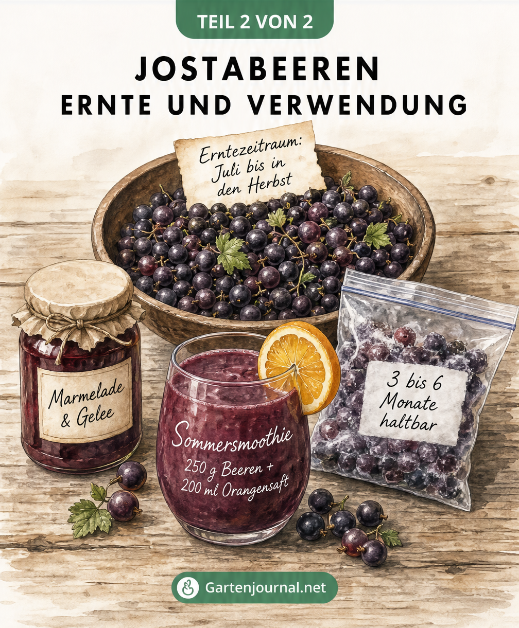 Aquarell-Illustration einer Holzschale mit Jostabeeren, Marmeladenglas, Tiefkühlbeutel und Sommersmoothie