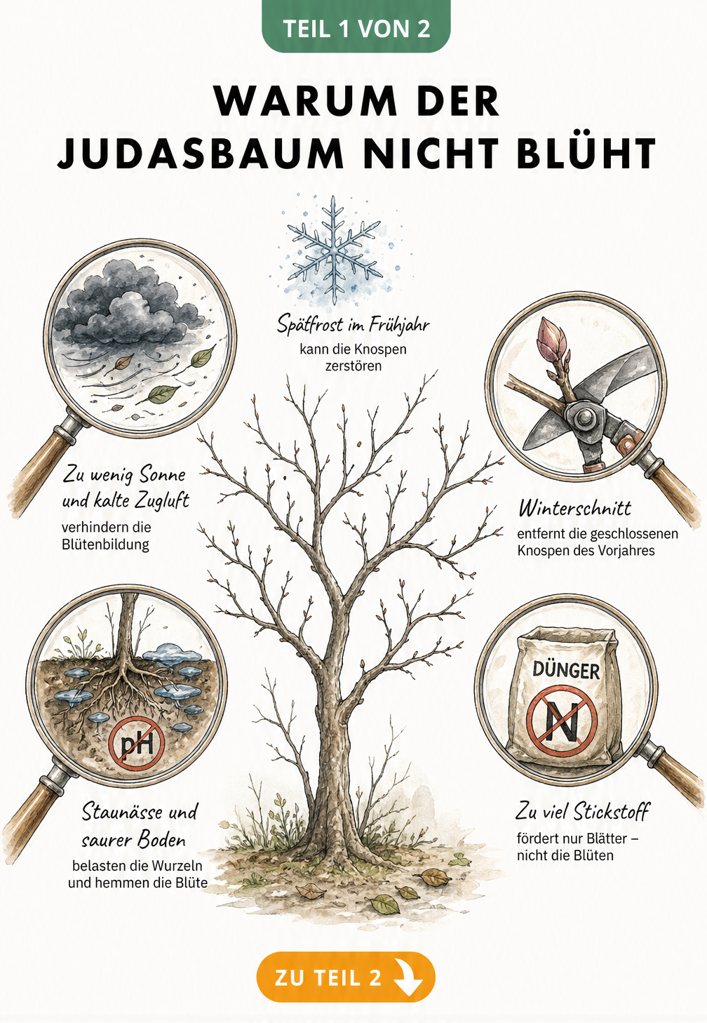 Botanische Illustration eines kahlen Judasbaums mit Lupen-Zooms zu Störfaktoren wie Schatten, Winterschnitt, Staunässe, Stickstoffdünger und Spätfrost.