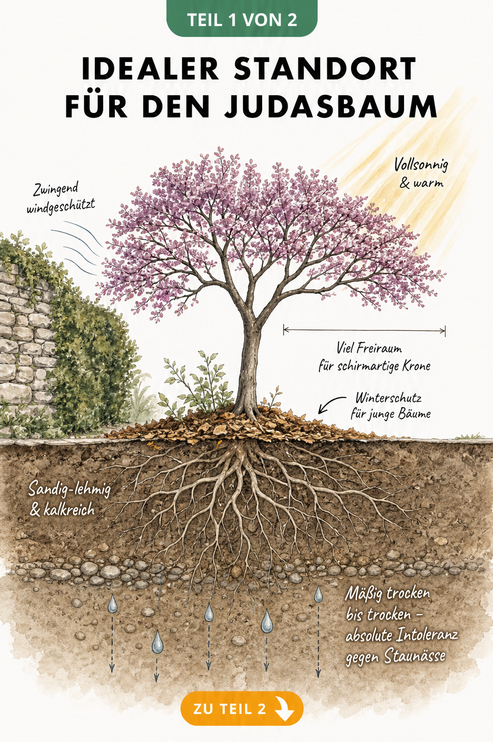 Botanische Schnittzeichnung eines Gartens mit einem Judasbaum, die den idealen Standort zeigt: vollsonnig, windgeschützt und mit durchlässigem, kalkreichem...