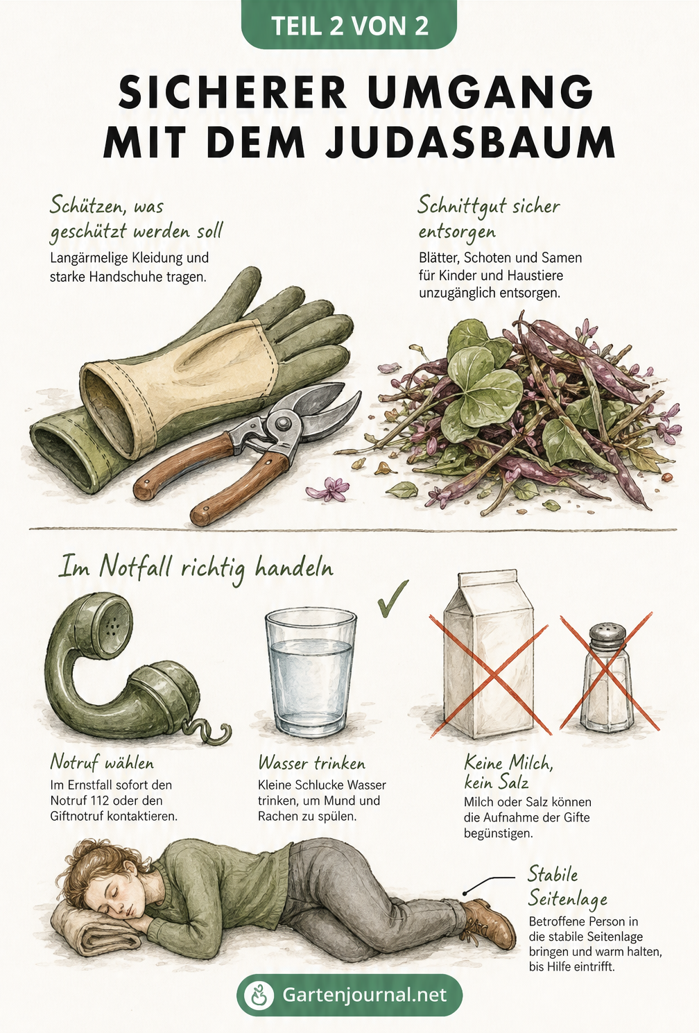 Illustration von Gartenhandschuhen, Astschere und Schnittgut sowie Erste-Hilfe-Maßnahmen wie Notruf und Wasser trinken bei einer Vergiftung durch den Judasbaum.