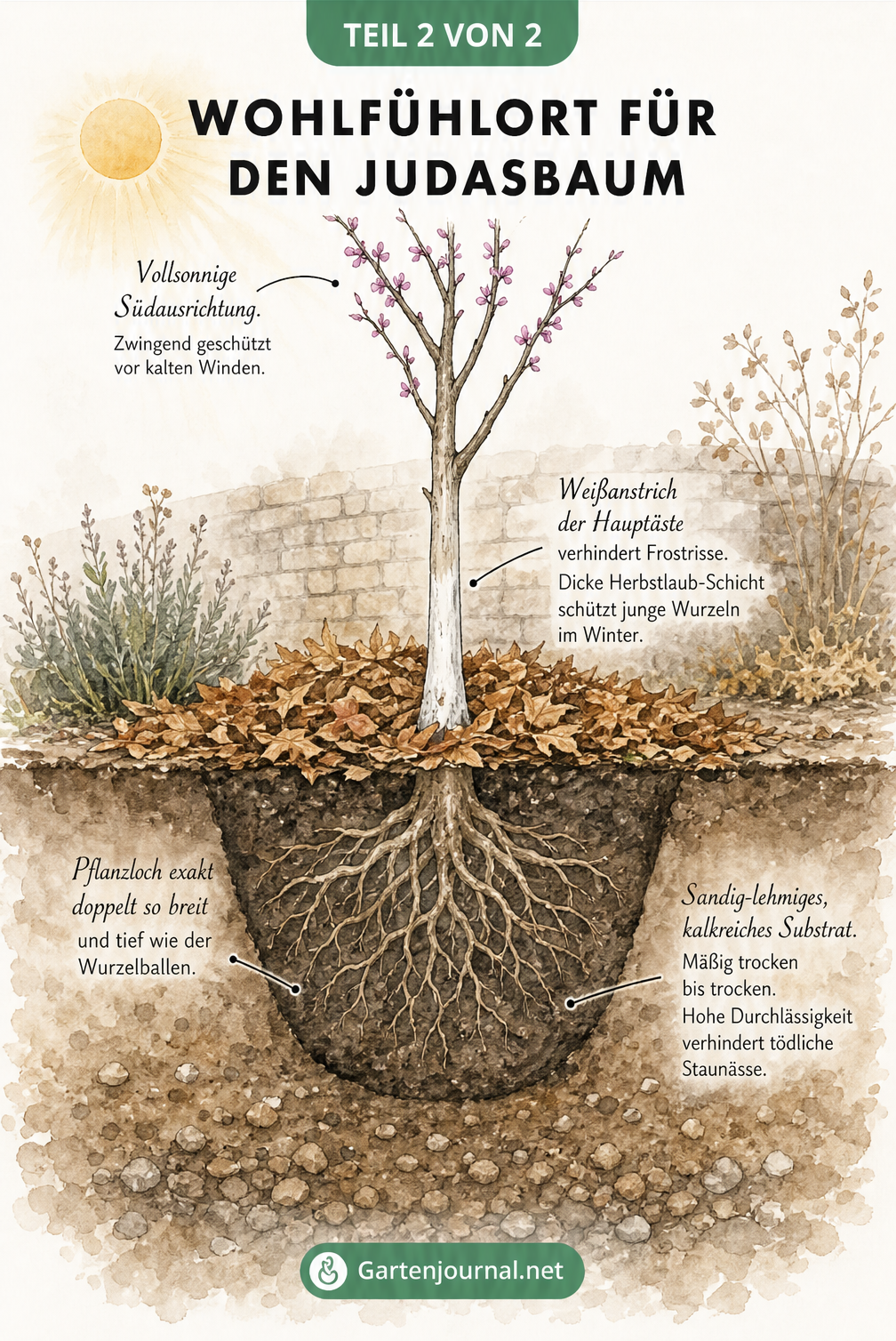 Querschnitt eines Gartenbeets mit einem frisch gepflanzten Judasbaum, der Bodenbeschaffenheit und Winterschutz zeigt