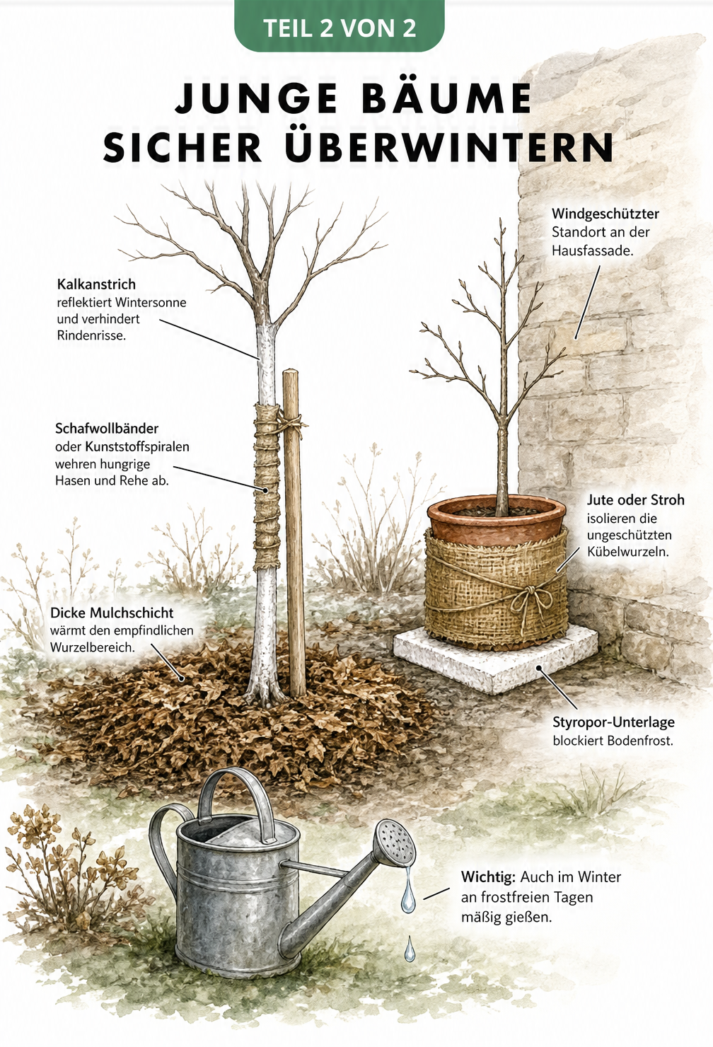 Illustration eines jungen Obstbaums im Beet und eines Kübelbaums an der Hauswand mit verschiedenen Winterschutzmaßnahmen.