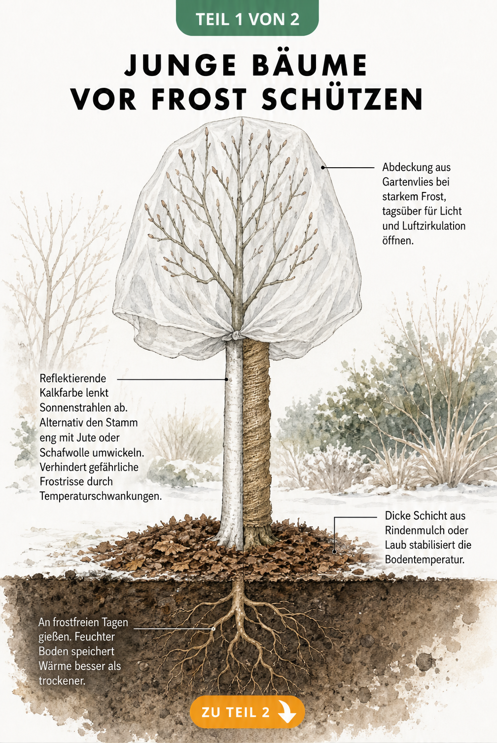 Illustration eines jungen Baumes im Winter mit Gartenvlies, Stammschutz und Mulchschicht