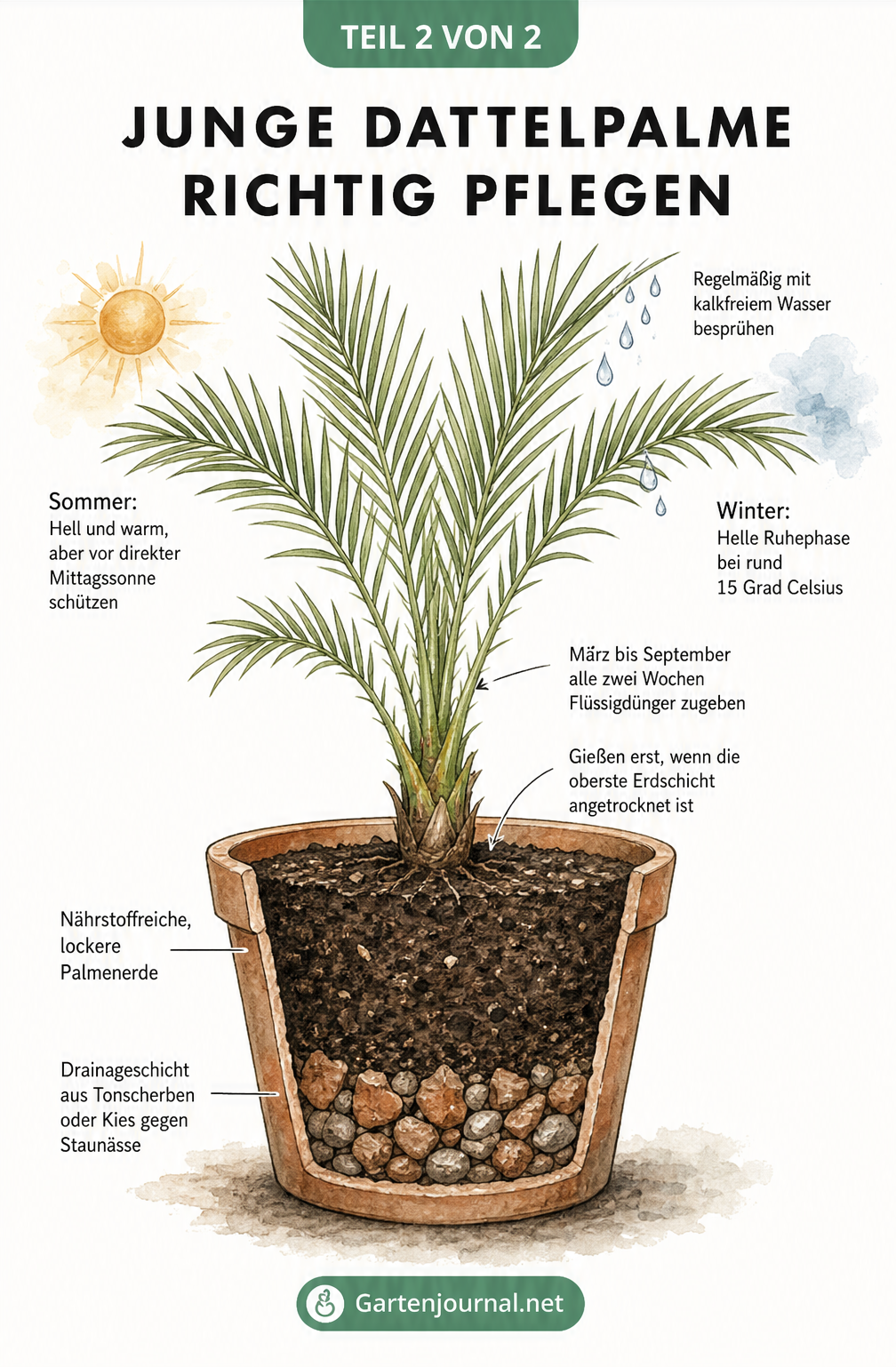 Illustration: Pflege einer jungen Dattelpalme im Topf mit Drainageschicht