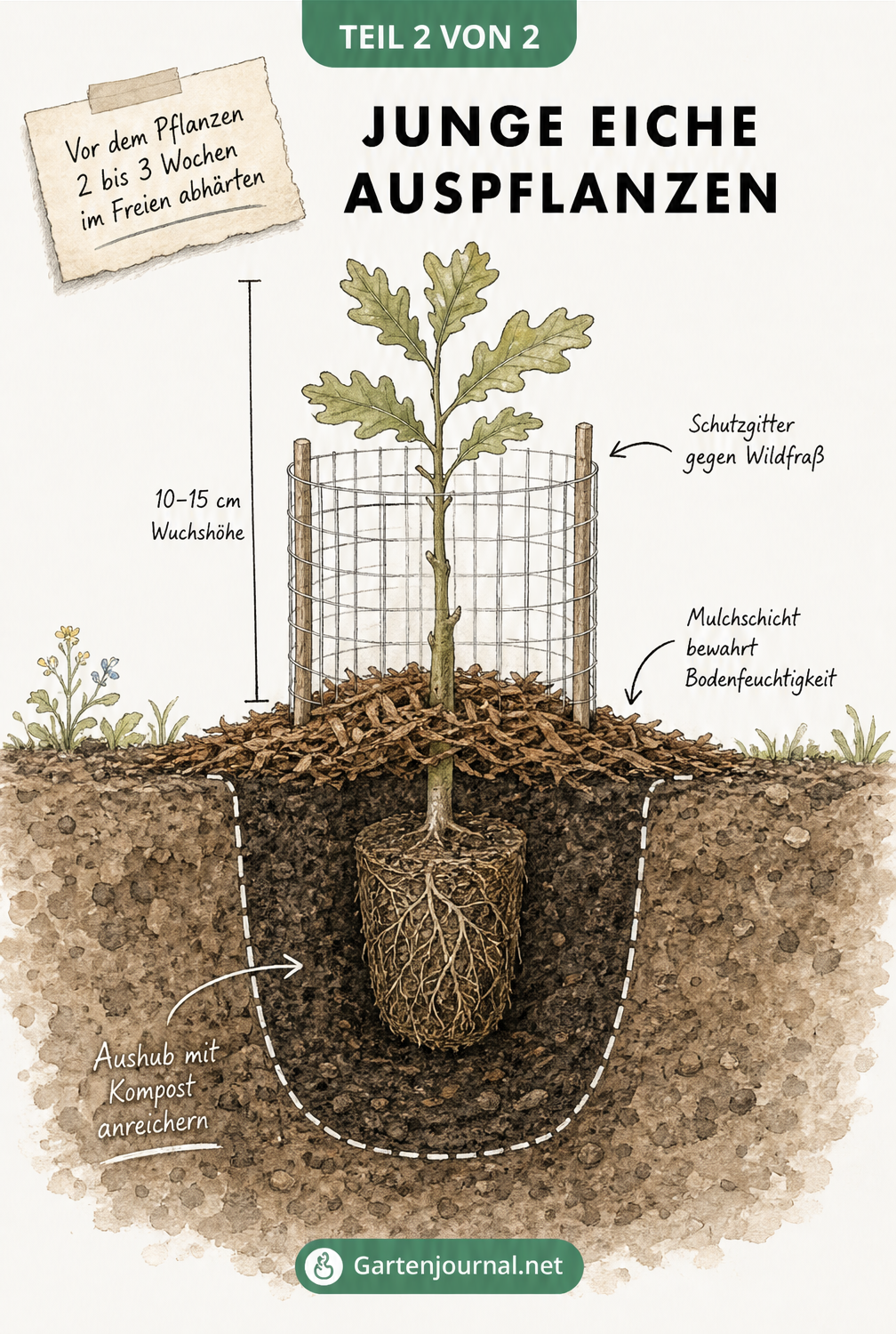 Querschnitt eines Gartenbeets mit einem jungen Eichen-Setzling, Mulchschicht und Schutzgitter