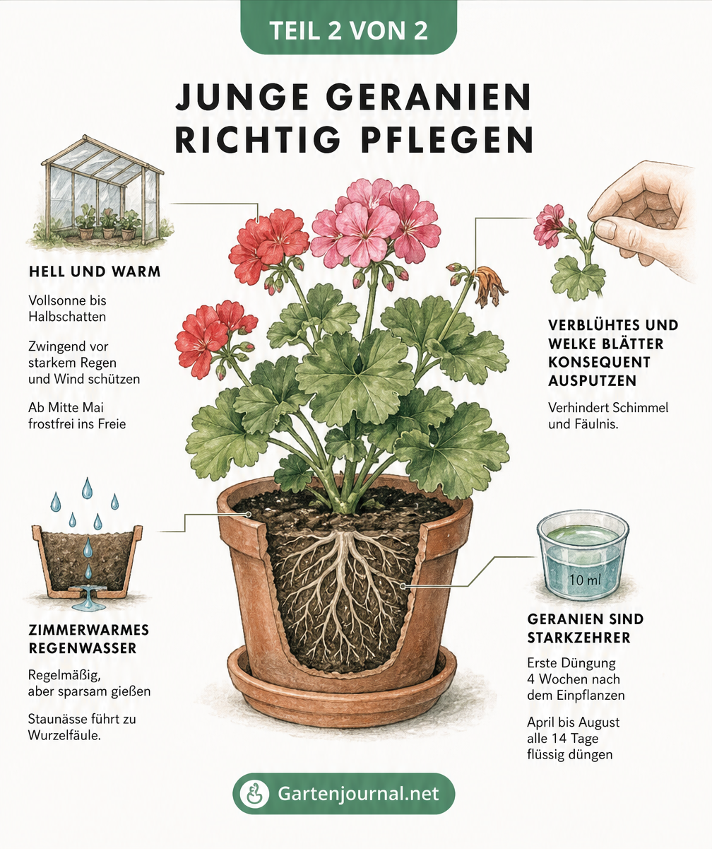 Illustration: Pflege junger Geranien mit Hinweisen zu Standort, Gießen, Düngen und Ausputzen