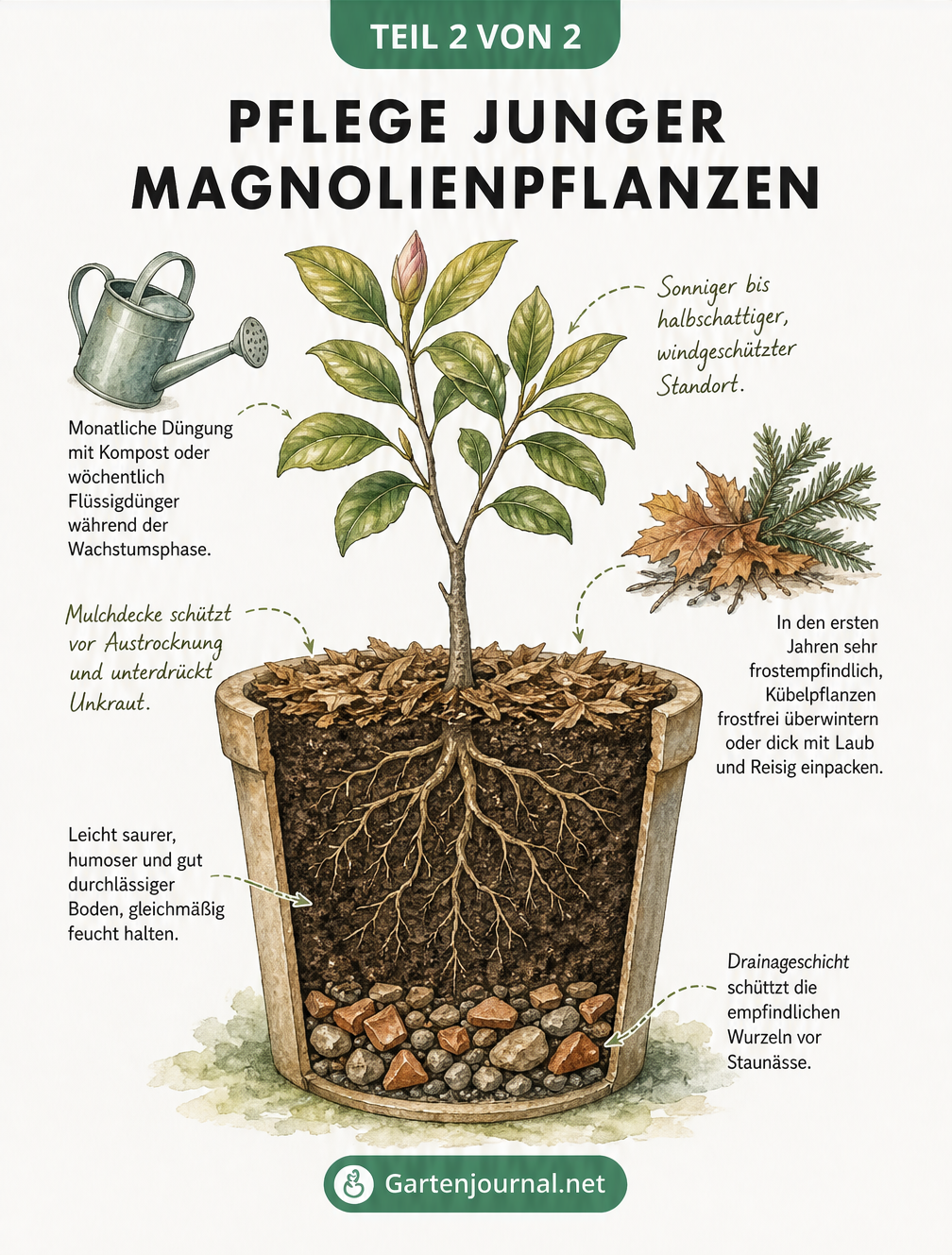Querschnitt-Zeichnung einer jungen Magnolie im Pflanzkübel, die Drainageschicht, Wurzelwerk, Mulchdecke und Überwinterungsschutz zeigt.