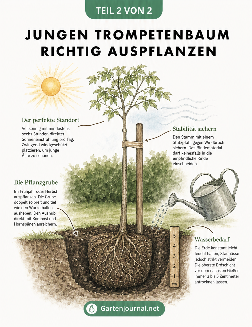 Schnittdarstellung eines frisch gepflanzten Trompetenbaums im Gartenboden mit Hinweisen zu Standort und Pflege