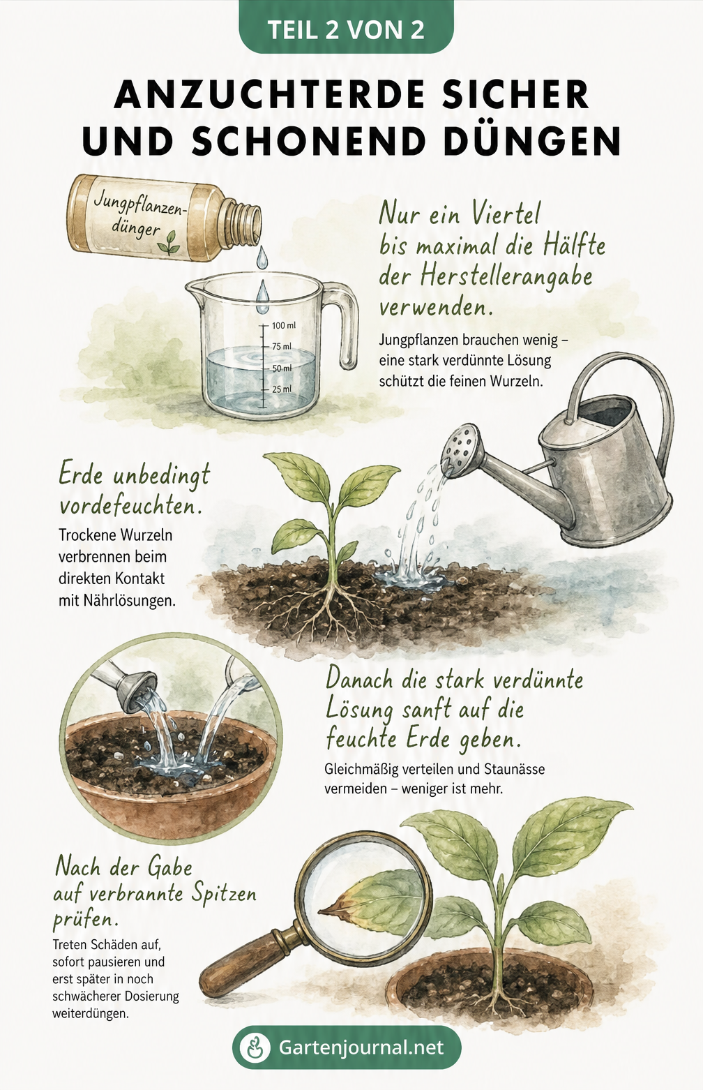 Skizze eines Messbechers mit stark verdünntem Jungpflanzendünger und einer Gießkanne, die Wasser auf Erde gießt.
