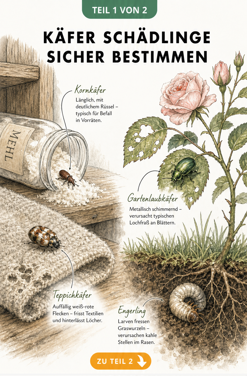 Illustration von vier Käfer-Schädlingen: Kornkäfer am Mehlglas, Teppichkäfer auf Wollstoff, Gartenlaubkäfer an Rose und Larve im Erdreich