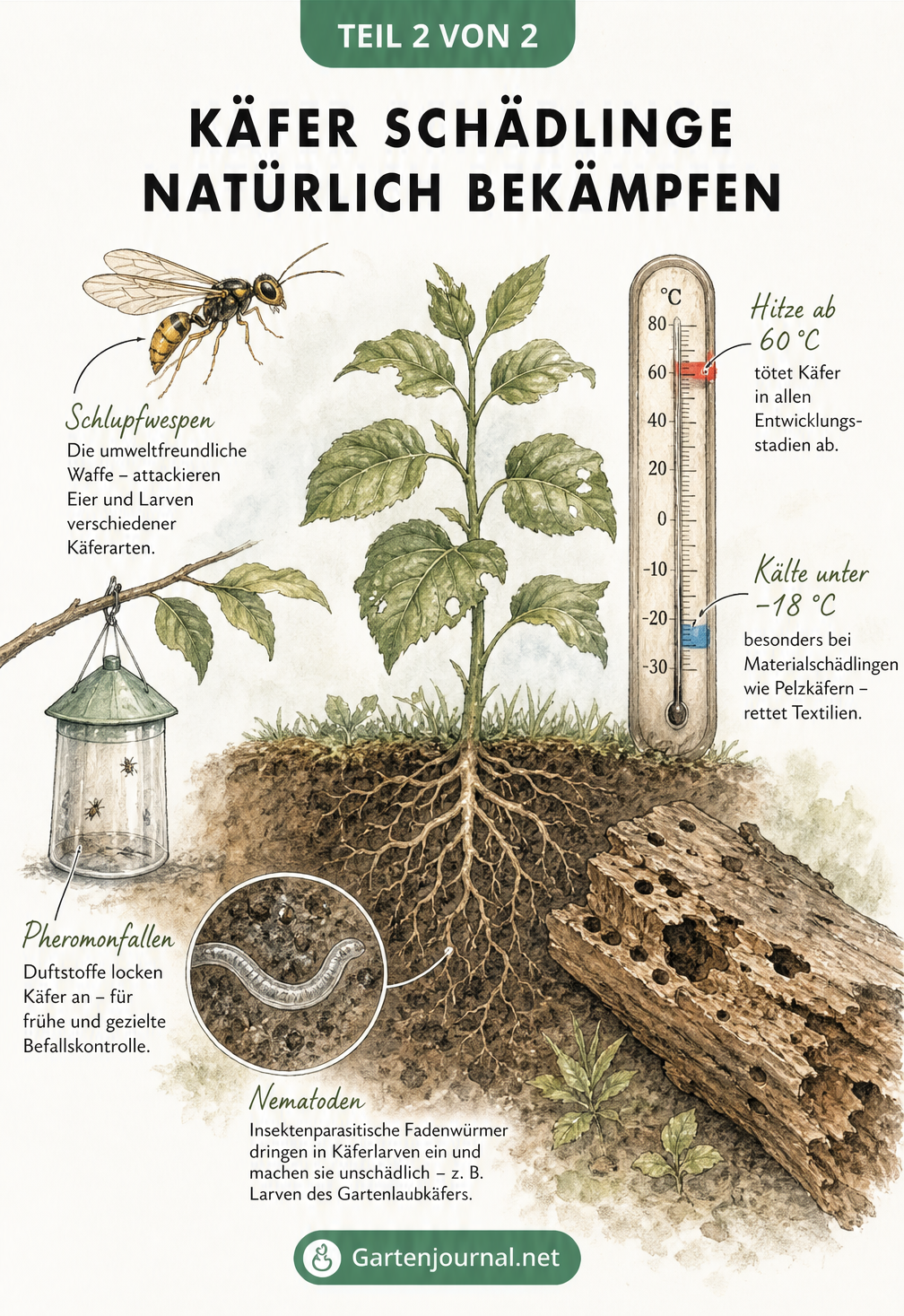Botanische Lehrtafel zur natürlichen Bekämpfung von Käfern mit Nematoden, Schlupfwespen, Temperaturkontrolle und Pheromonfallen