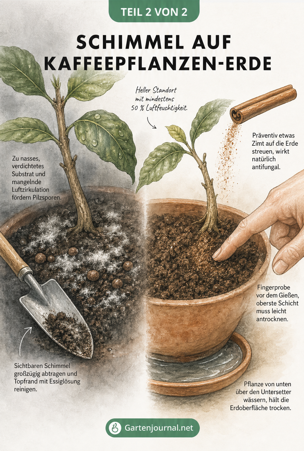 Illustration einer Kaffeepflanze mit Schimmel auf der Erde und Lösungen wie Abtragen der Schicht und Zimt streuen.