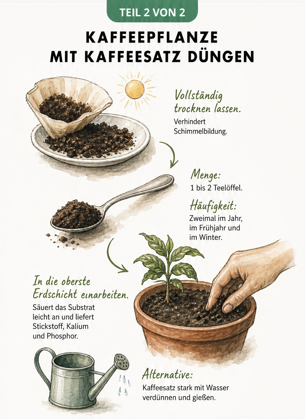 Illustration zur Düngung einer Kaffeepflanze mit Kaffeesatz in drei Schritten: Trocknen, Dosieren und in die Erde einarbeiten