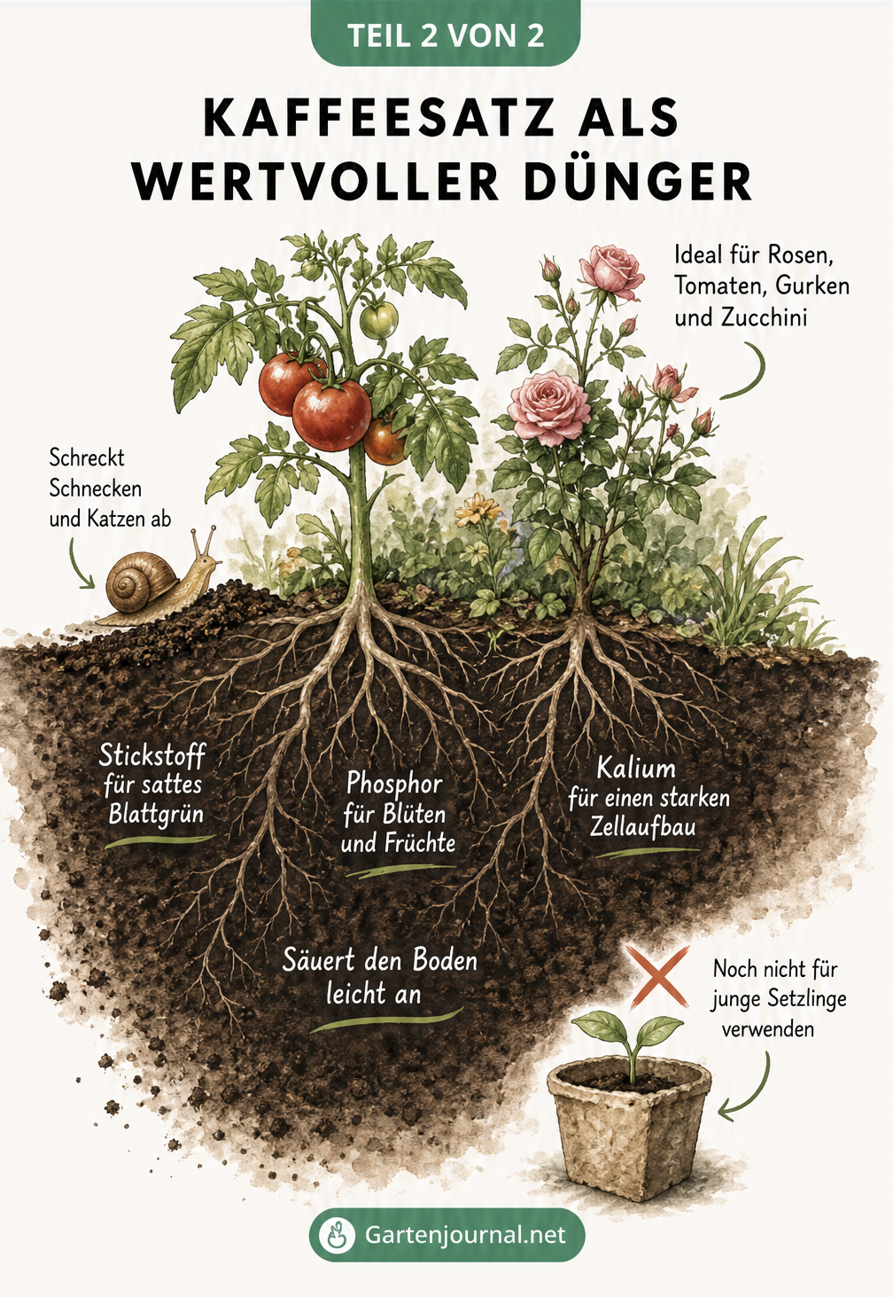 Schnittzeichnung eines Gartenbeets mit Tomaten und Rosen, die durch Kaffeesatz mit Stickstoff, Phosphor und Kalium versorgt werden