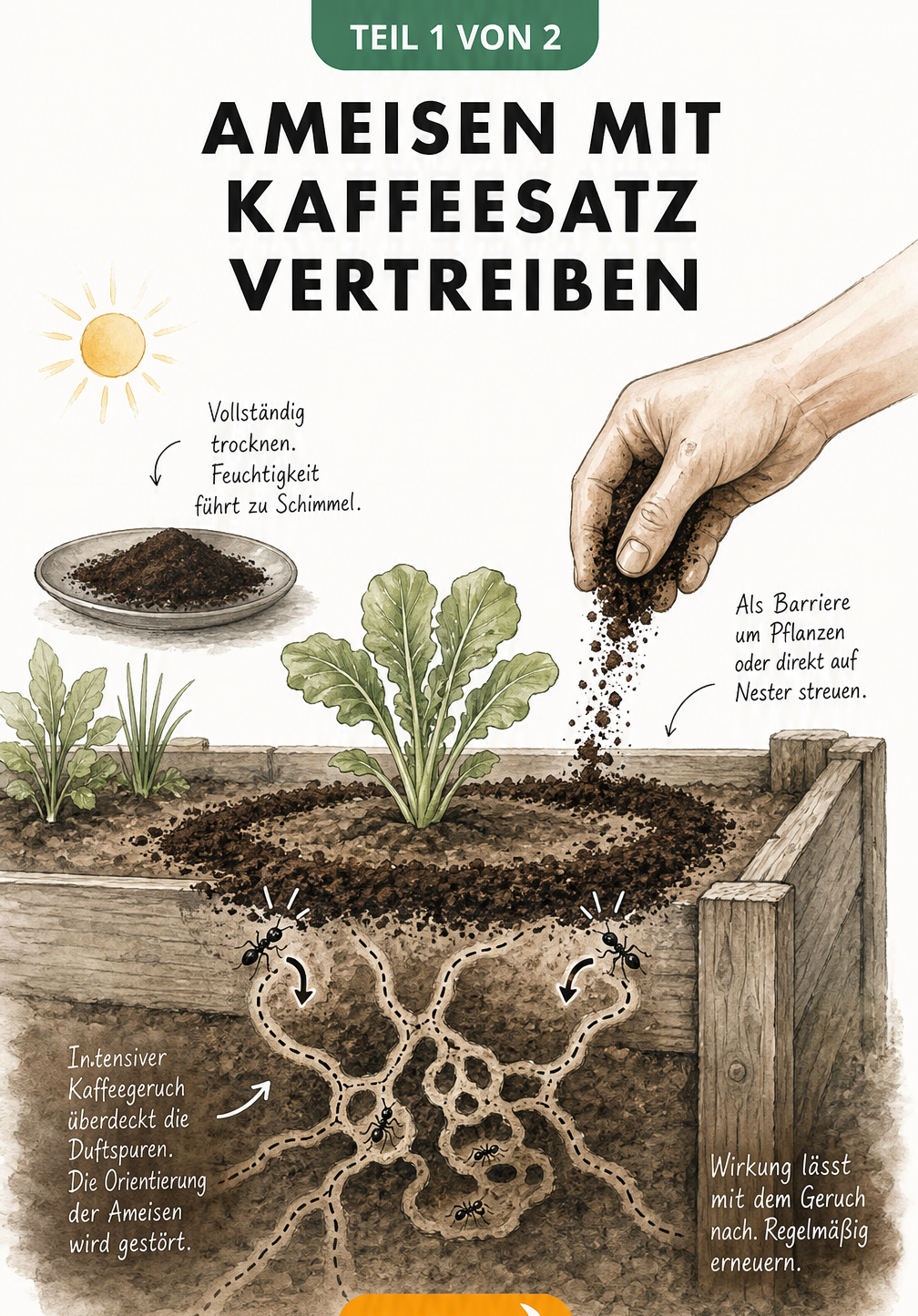 Querschnitt eines Hochbeets zeigt, wie getrockneter Kaffeesatz als Barriere um Pflanzen gestreut wird, um Ameisen durch Geruch zu vertreiben.