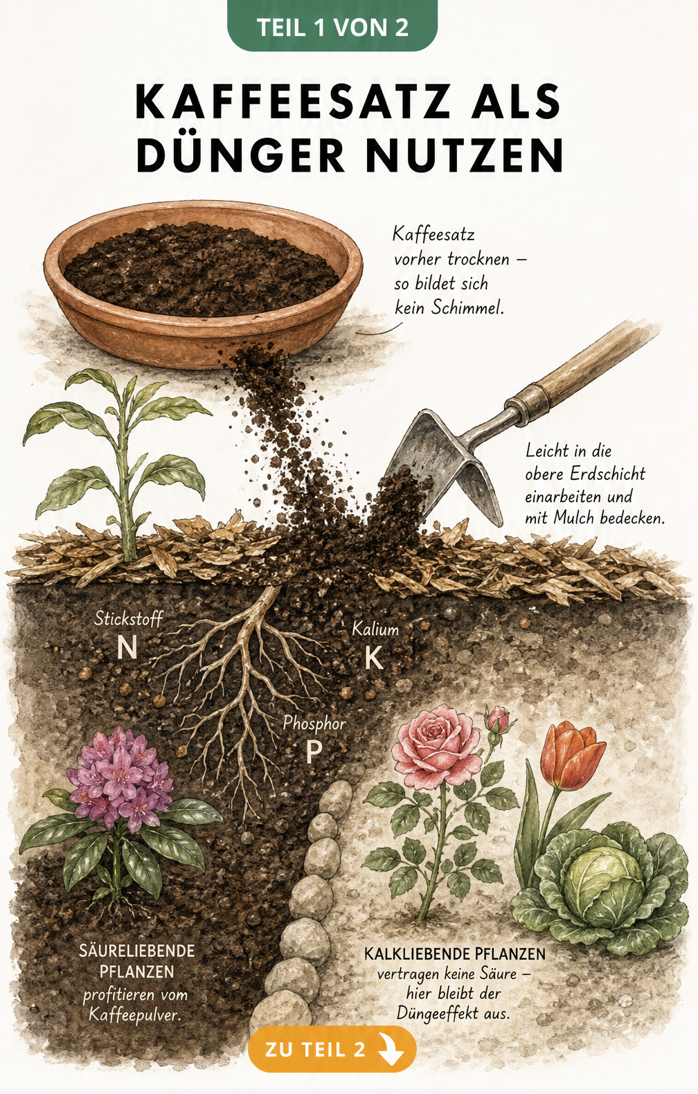 Illustration eines Gartenbeets mit Kaffeesatz als Dünger, der in die Erde eingearbeitet wird, und Pflanzen, die sauren oder kalkhaltigen Boden bevorzugen.