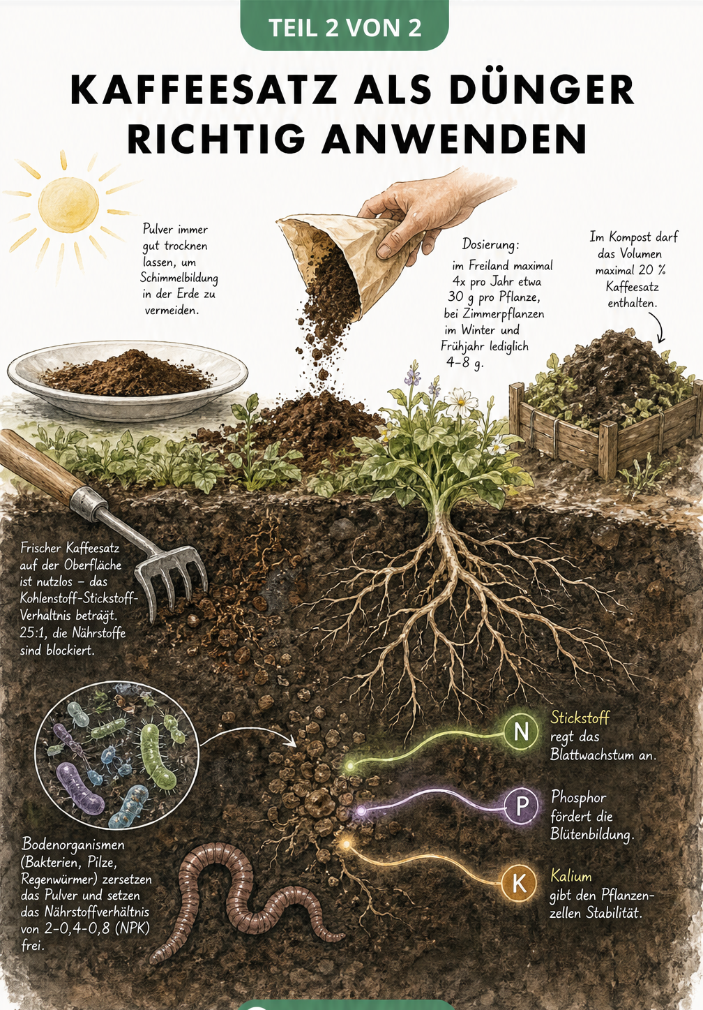 Querschnitt durch ein Gartenbeet, der die richtige Anwendung und Wirkung von Kaffeesatz als Dünger zeigt
