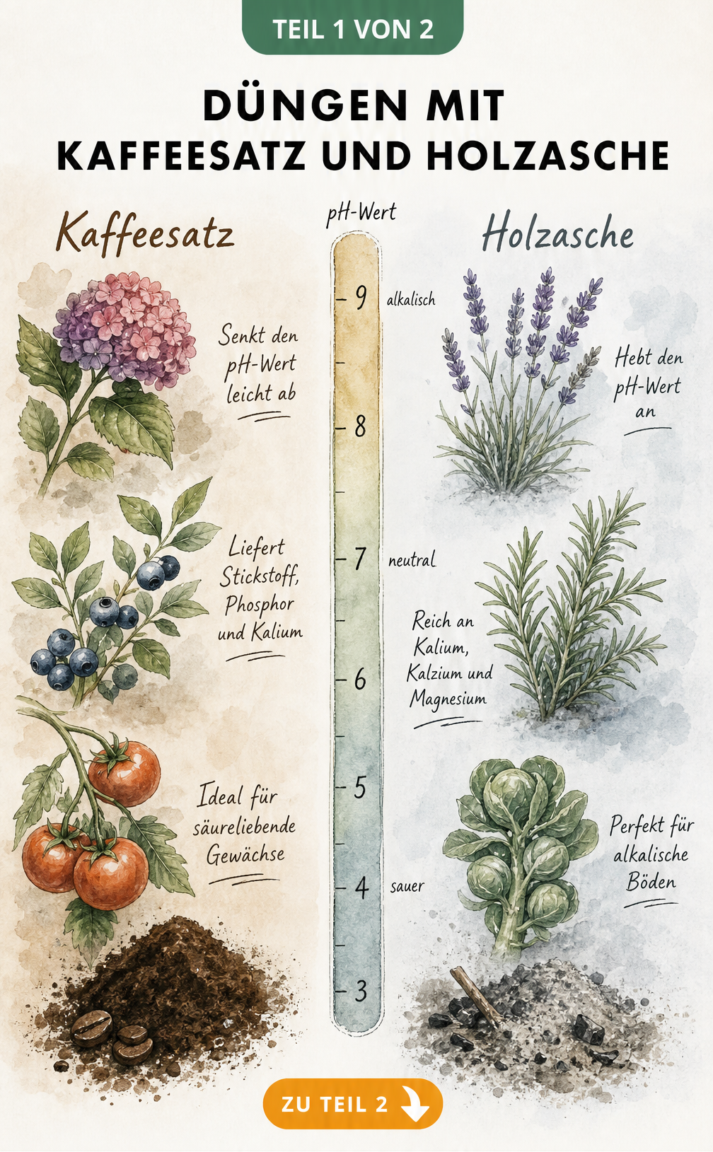Botanische Illustration von Pflanzen, die Kaffeesatz oder Holzasche als Dünger bevorzugen, mit pH-Wert-Skala