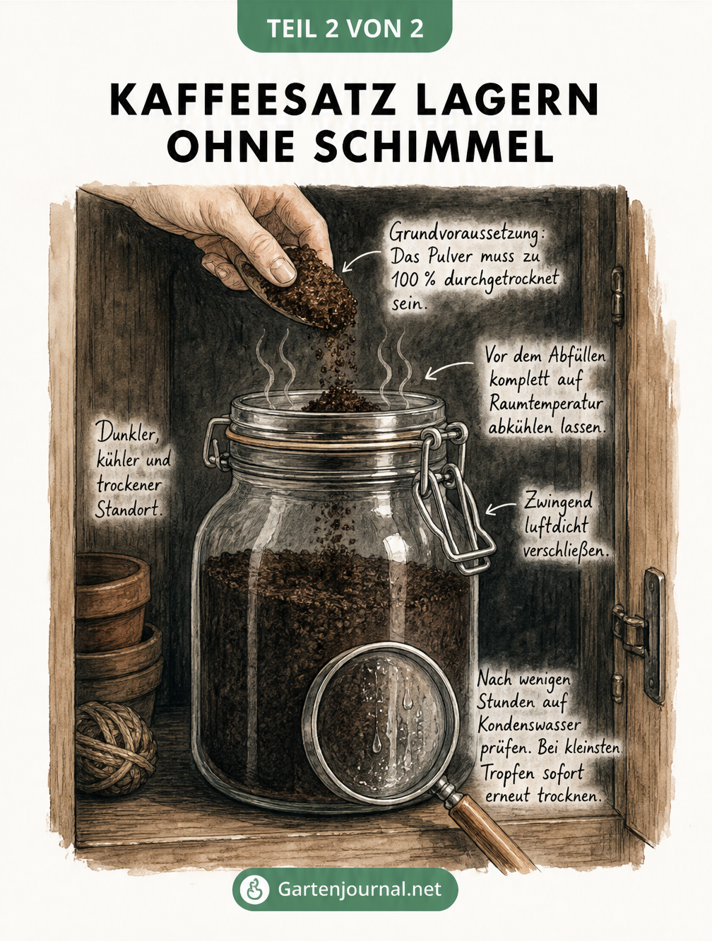 Illustration eines Bügelglases zur schimmelfreien Lagerung von getrocknetem Kaffeesatz