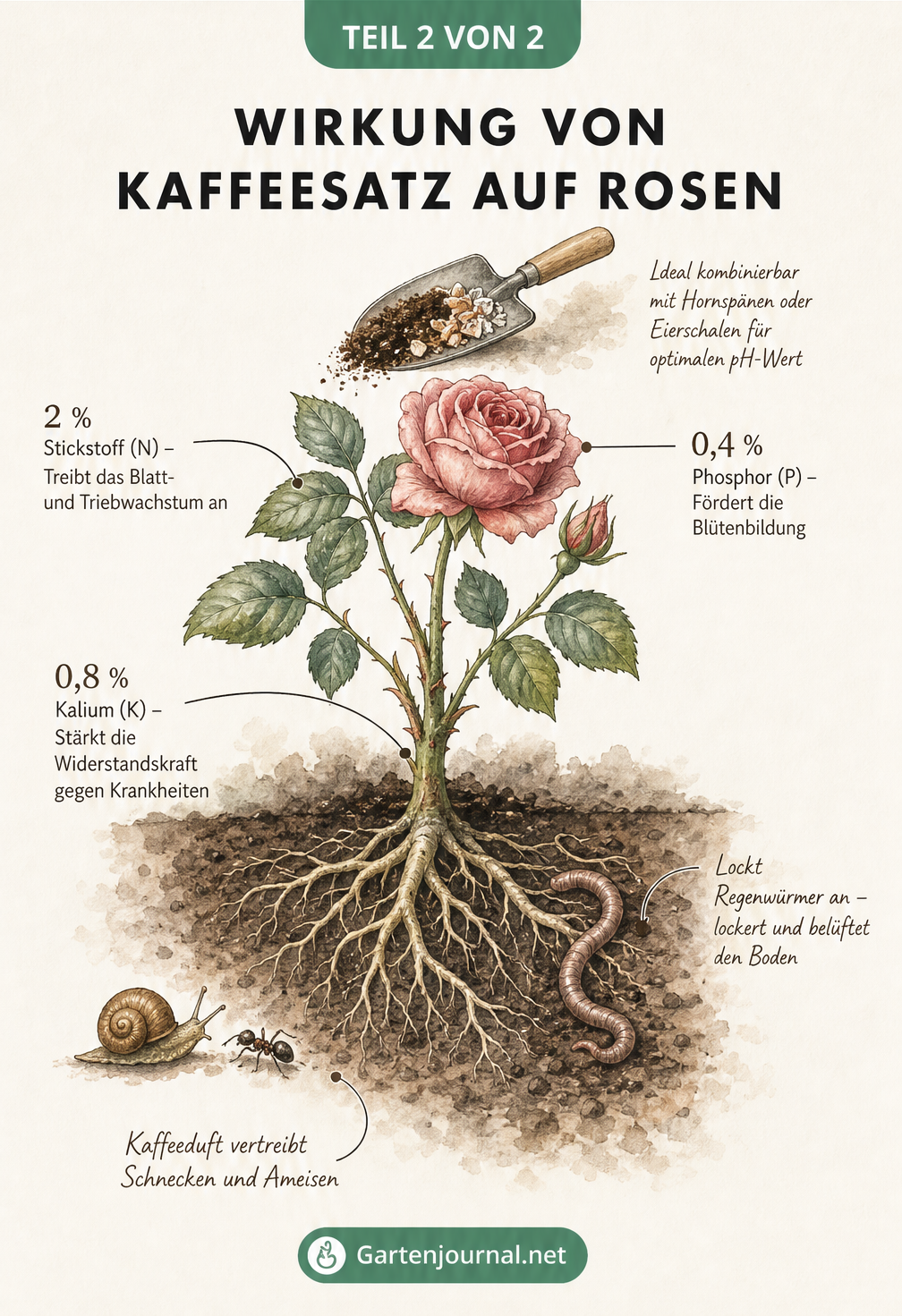 Vintage-Illustration einer Rose, die die Wirkung der Nährstoffe aus Kaffeesatz auf Blüten, Blätter und Wurzeln zeigt