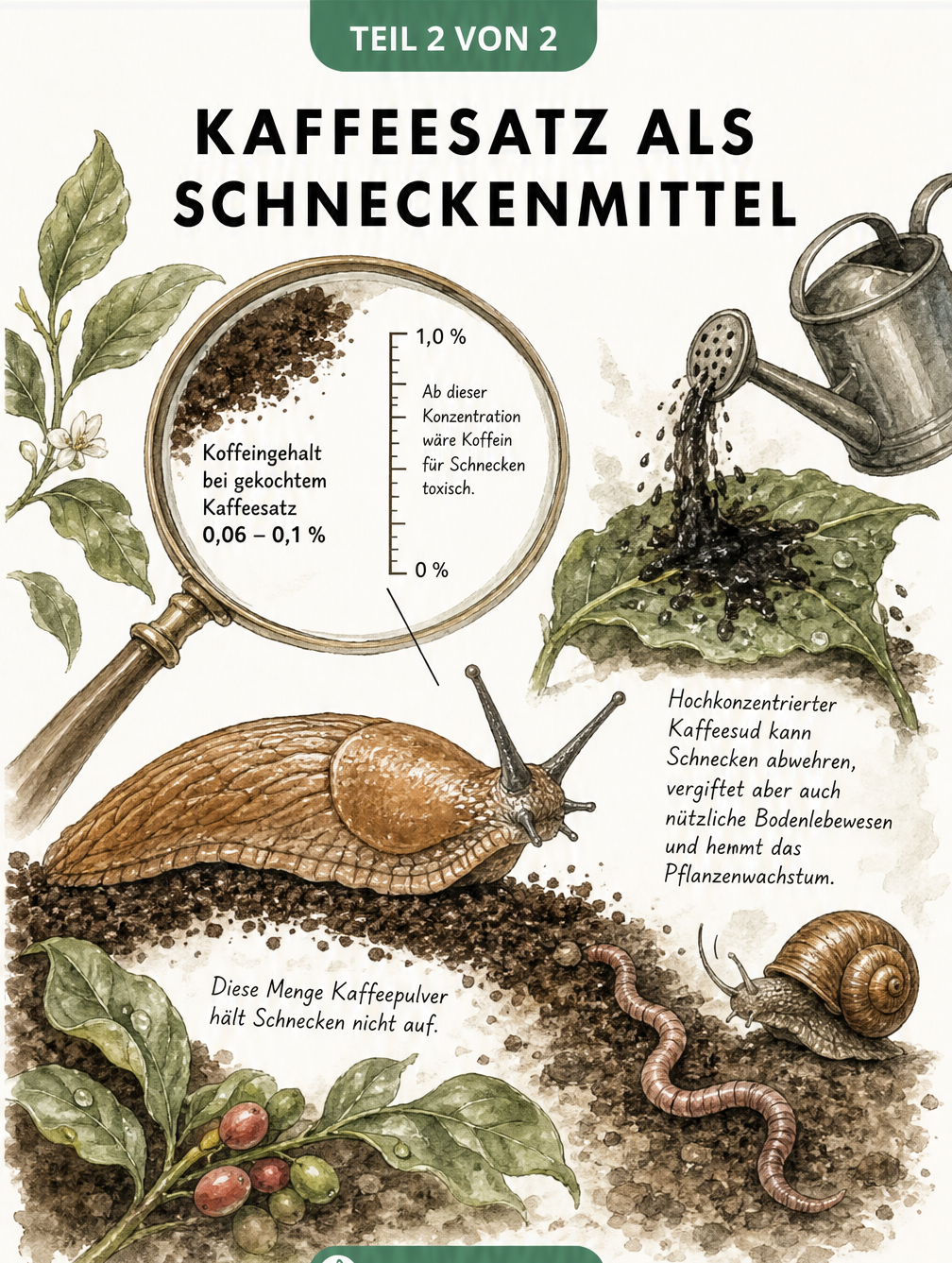 Zeichnung einer Nacktschnecke auf Kaffeesatz mit einer Lupe, die den geringen Koffeingehalt zeigt, sowie einem Blatt mit Kaffeesud.
