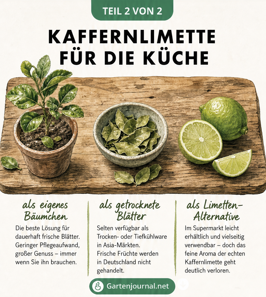 Illustration von Kaffernlimetten-Blättern, einer Pflanze im Topf und einer glatten Limette als Alternativen für die Küche