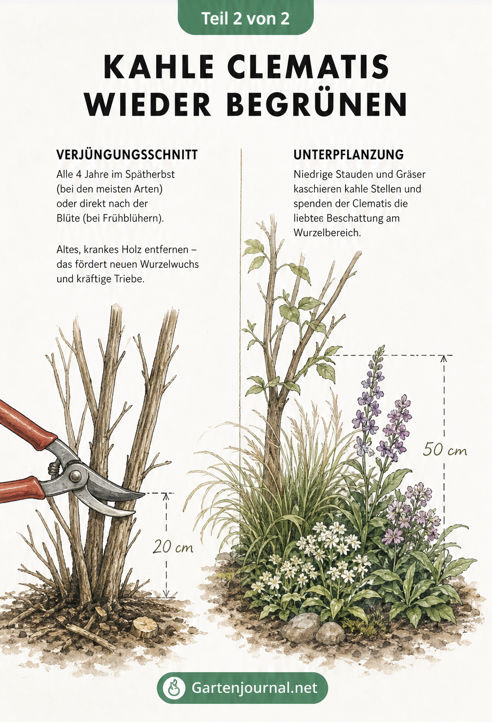 Illustration zur Begrünung einer kahlen Clematis: Links ein Verjüngungsschnitt auf 20 cm, rechts eine Unterpflanzung mit Stauden bis 50 cm Höhe.