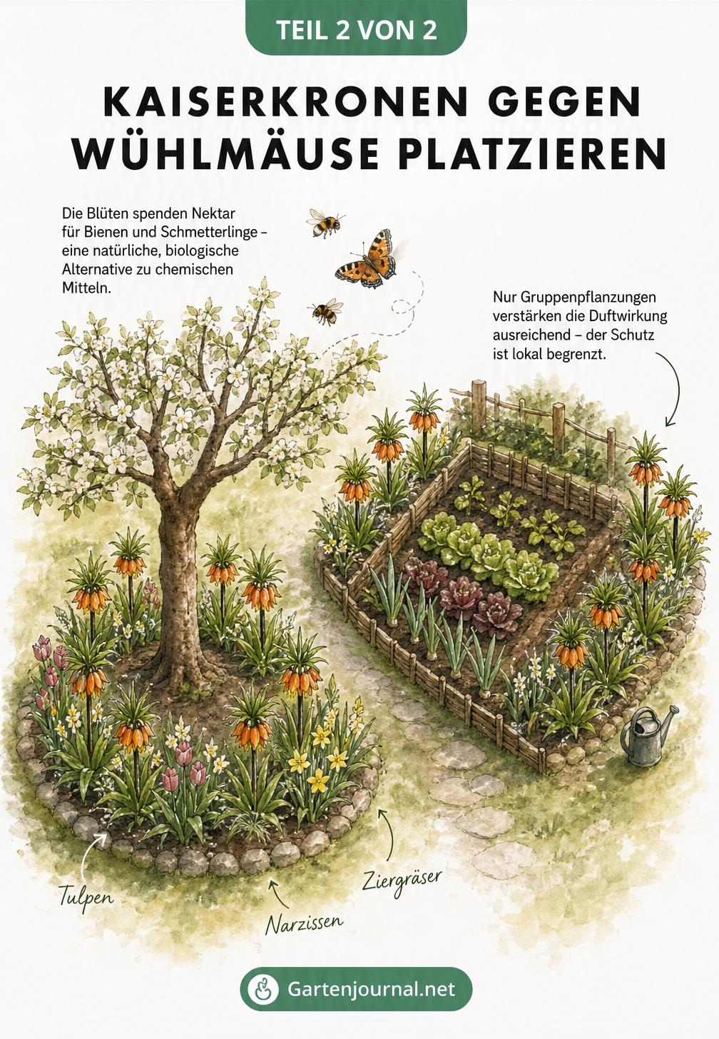 Aquarell-Gartenplan aus der Vogelperspektive, der Kaiserkronen in Gruppen um einen Obstbaum und ein Gemüsebeet zeigt, umgeben von Begleitpflanzen.