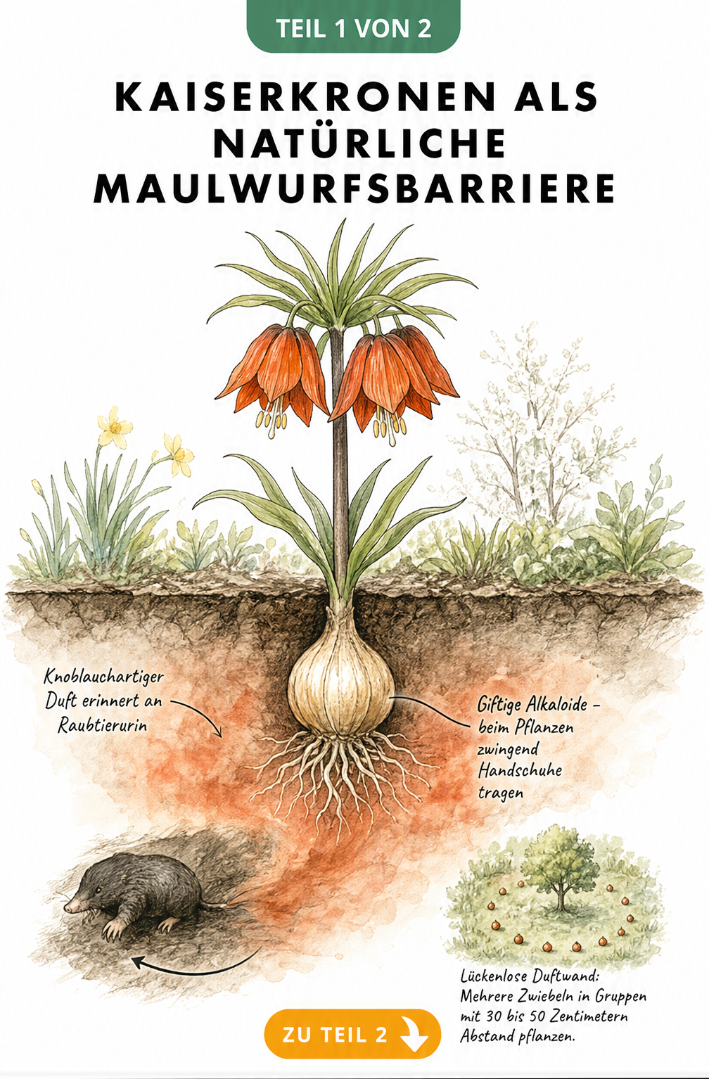 Querschnitt eines Gartenbeets mit einer blühenden Kaiserkrone und einer Duftwolke unter der Erde, die einen Maulwurf vertreibt.