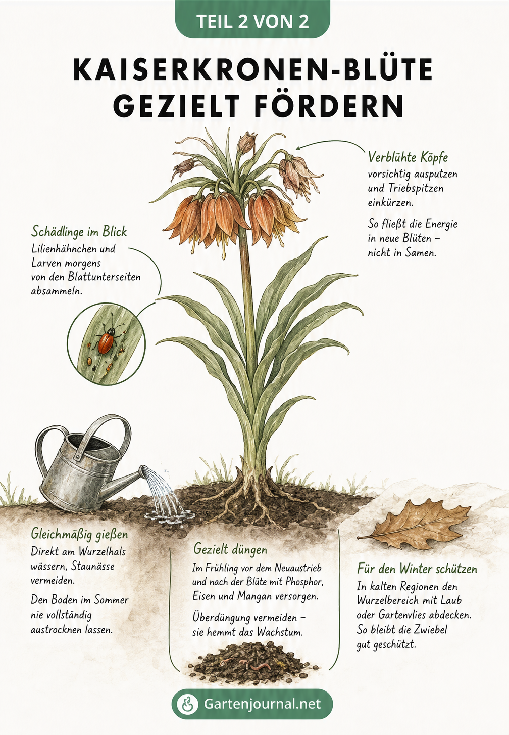 Illustration einer Kaiserkrone mit Pflegehinweisen zu Rückschnitt, Lilienhähnchen, Bewässerung und Düngung