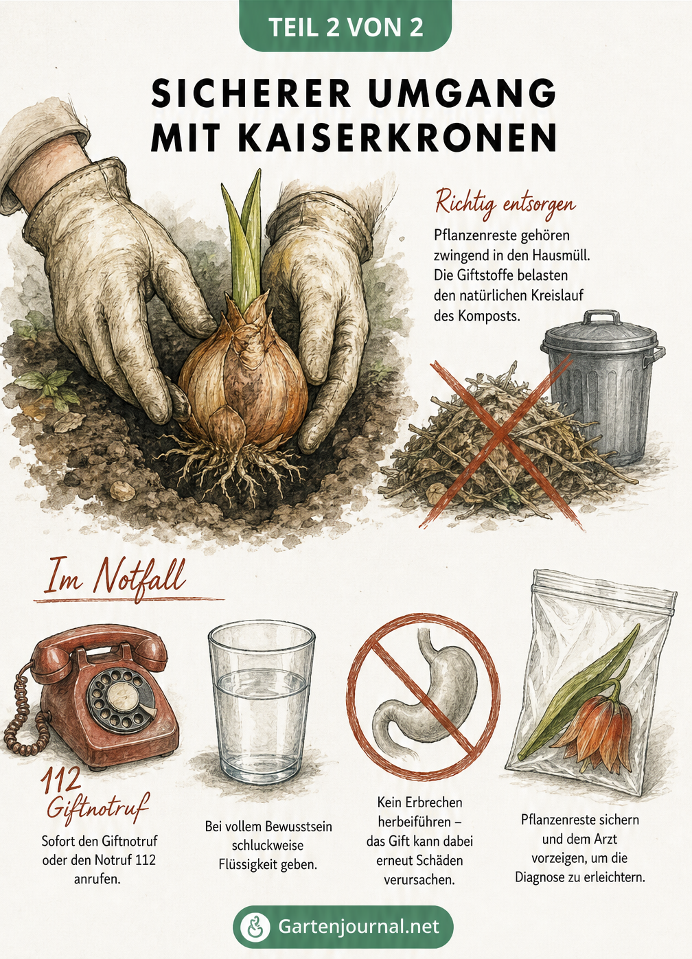 Illustration zum sicheren Umgang mit Kaiserkronen: Gartenhandschuhe, Entsorgung im Hausmüll und Erste-Hilfe-Maßnahmen beim Giftnotruf