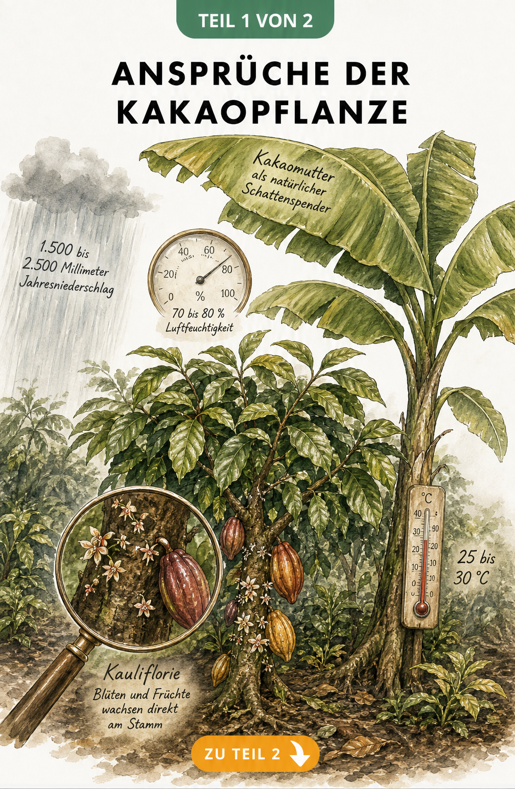 Botanische Illustration eines Kakaobaums unter einer Bananenstaude mit Angaben zu Temperatur, Niederschlag und Luftfeuchtigkeit