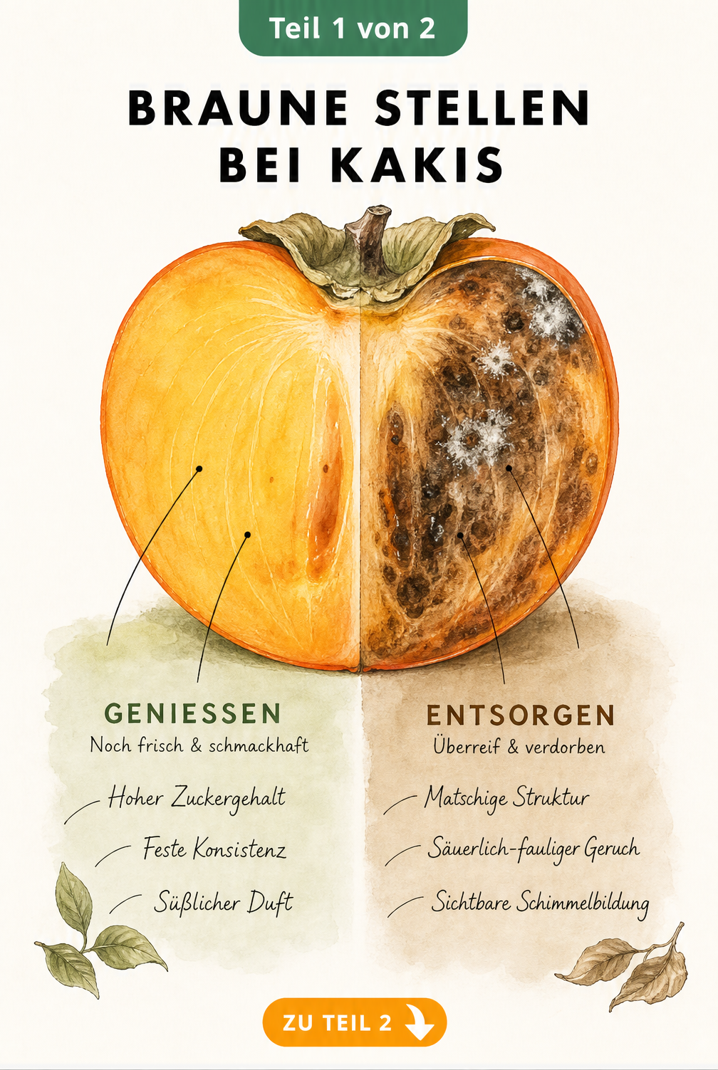 Botanische Illustration einer halbierten Kaki, die intaktes Fruchtfleisch und verdorbene Stellen vergleicht