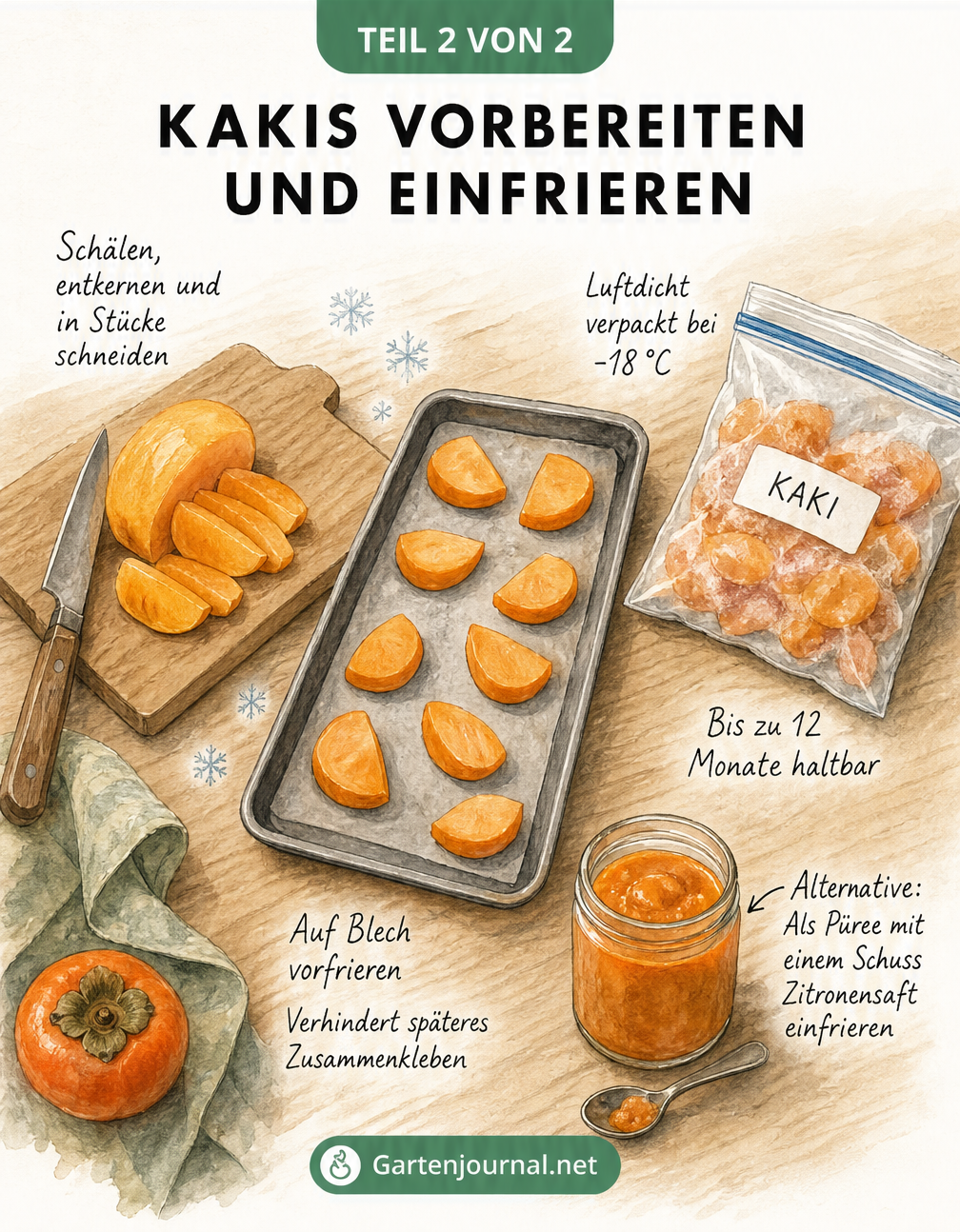 Illustration zum Vorbereiten und Einfrieren von Kakis in Scheiben auf einem Backblech