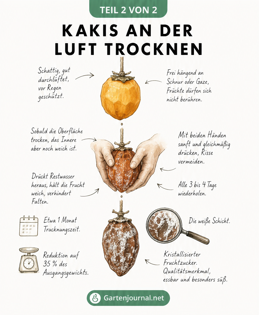 Illustration des traditionellen Lufttrocknens von ganzen Kakis an einer Schnur