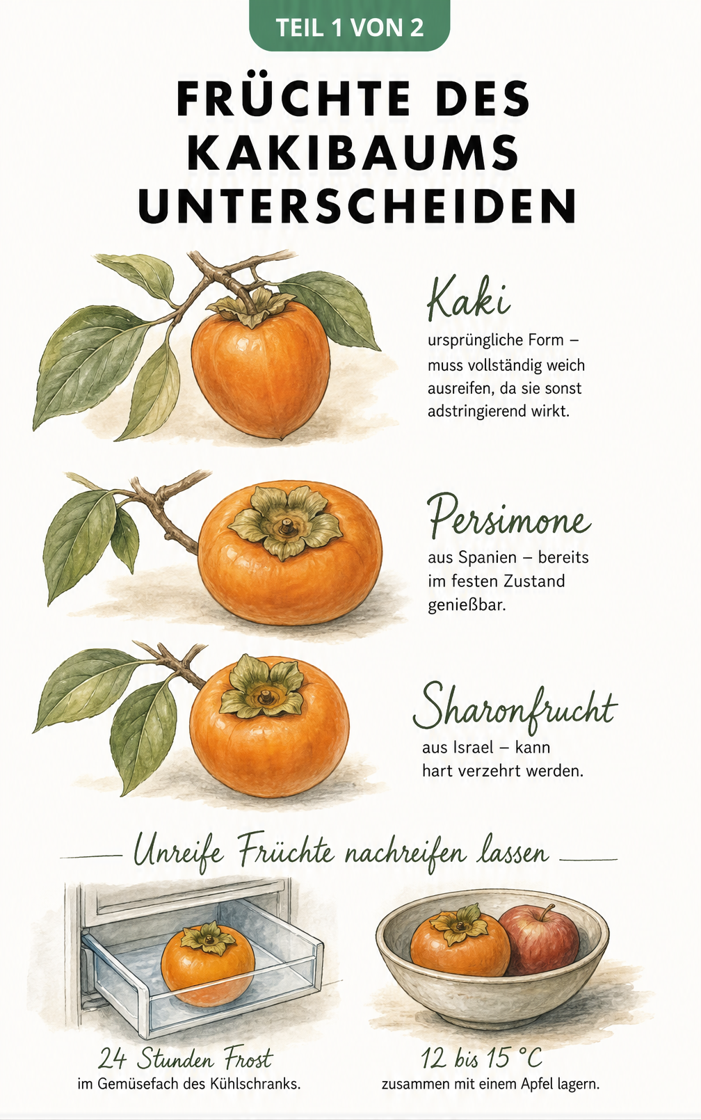 Illustration der verschiedenen Kakifrüchte: Kaki, Persimone und Sharonfrucht sowie Tipps zum Nachreifen