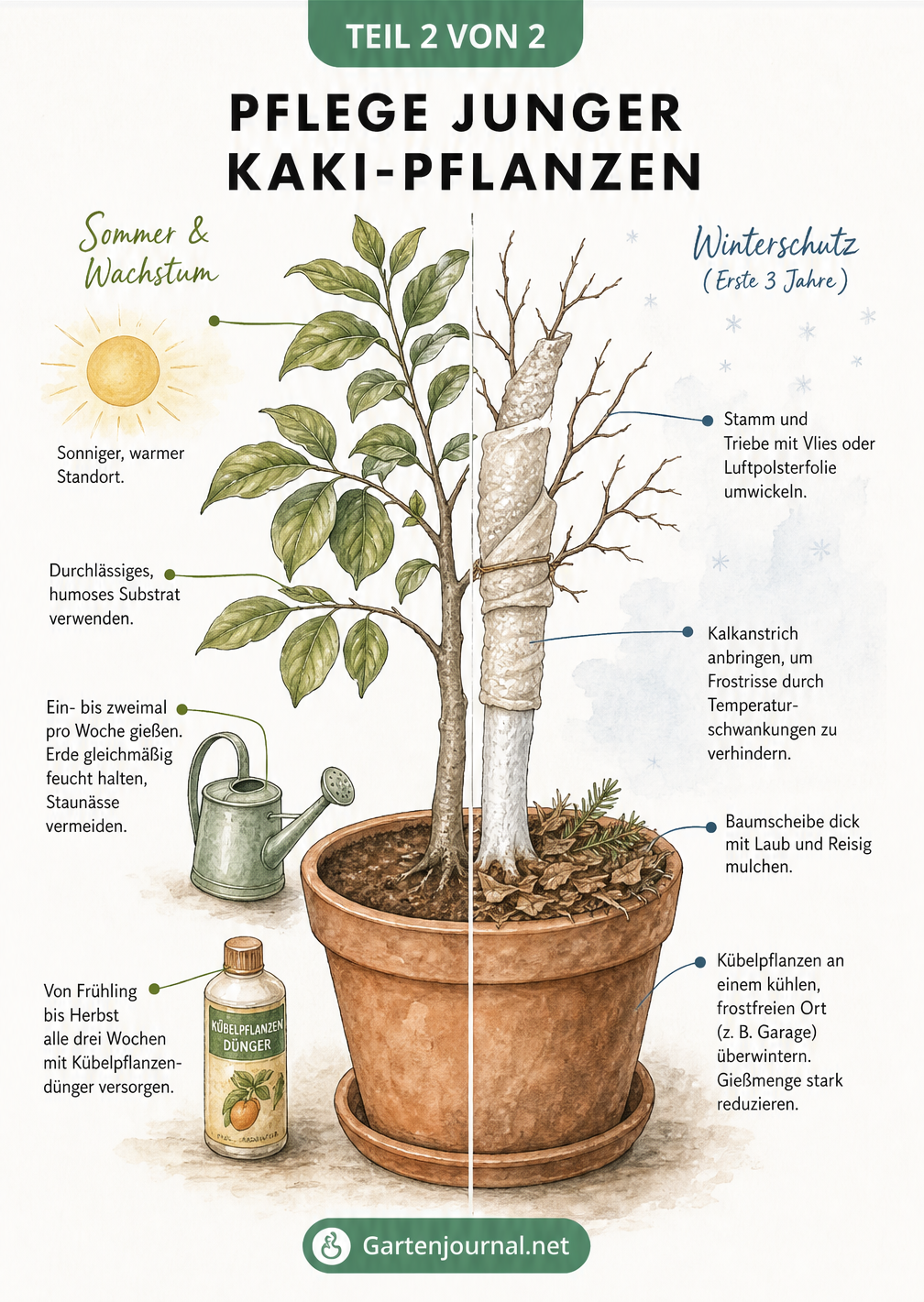 Illustration zur Pflege junger Kaki-Pflanzen im Sommer und Winter, inklusive Gießen, Düngen und Winterschutz.