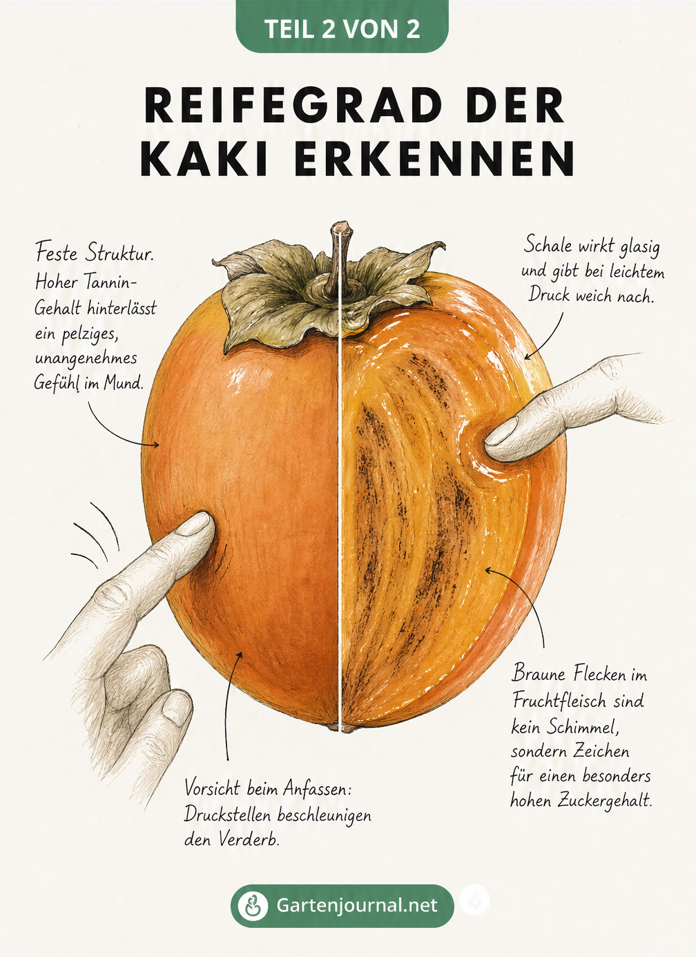 Botanische Illustration einer Kaki, die den Unterschied zwischen einer unreifen, festen Frucht und einer reifen, weichen Frucht mit braunen Flecken zeigt.