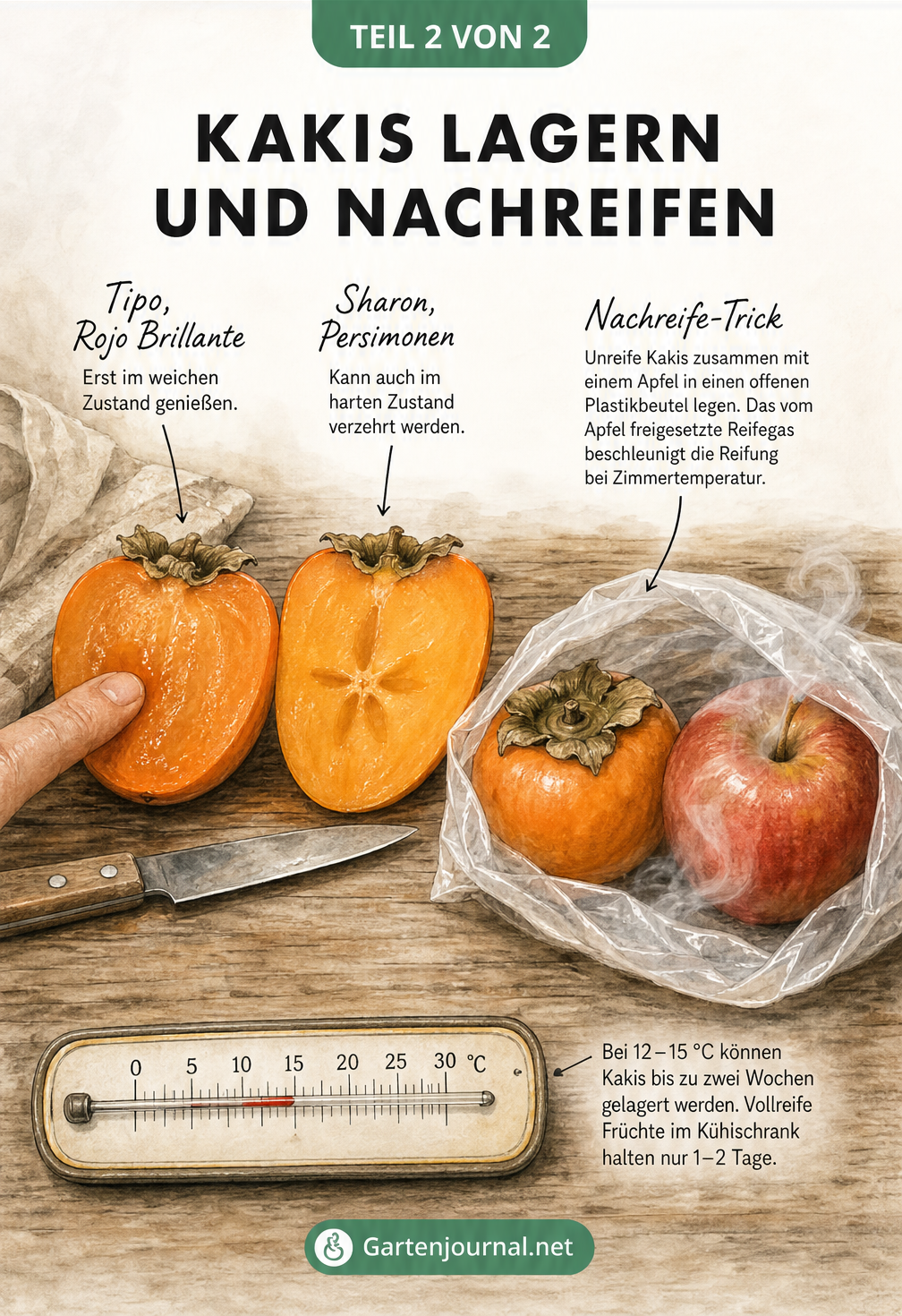 Aquarell-Illustration von aufgeschnittenen Kaki-Sorten und einem Folienbeutel mit einer Kaki und einem Apfel zum Nachreifen.