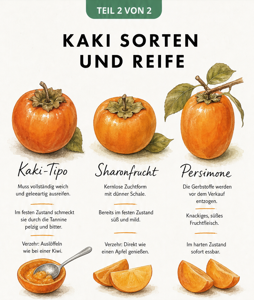Illustration der Kaki-Sorten Tipo, Sharonfrucht und Persimone mit ihren Reifeeigenschaften