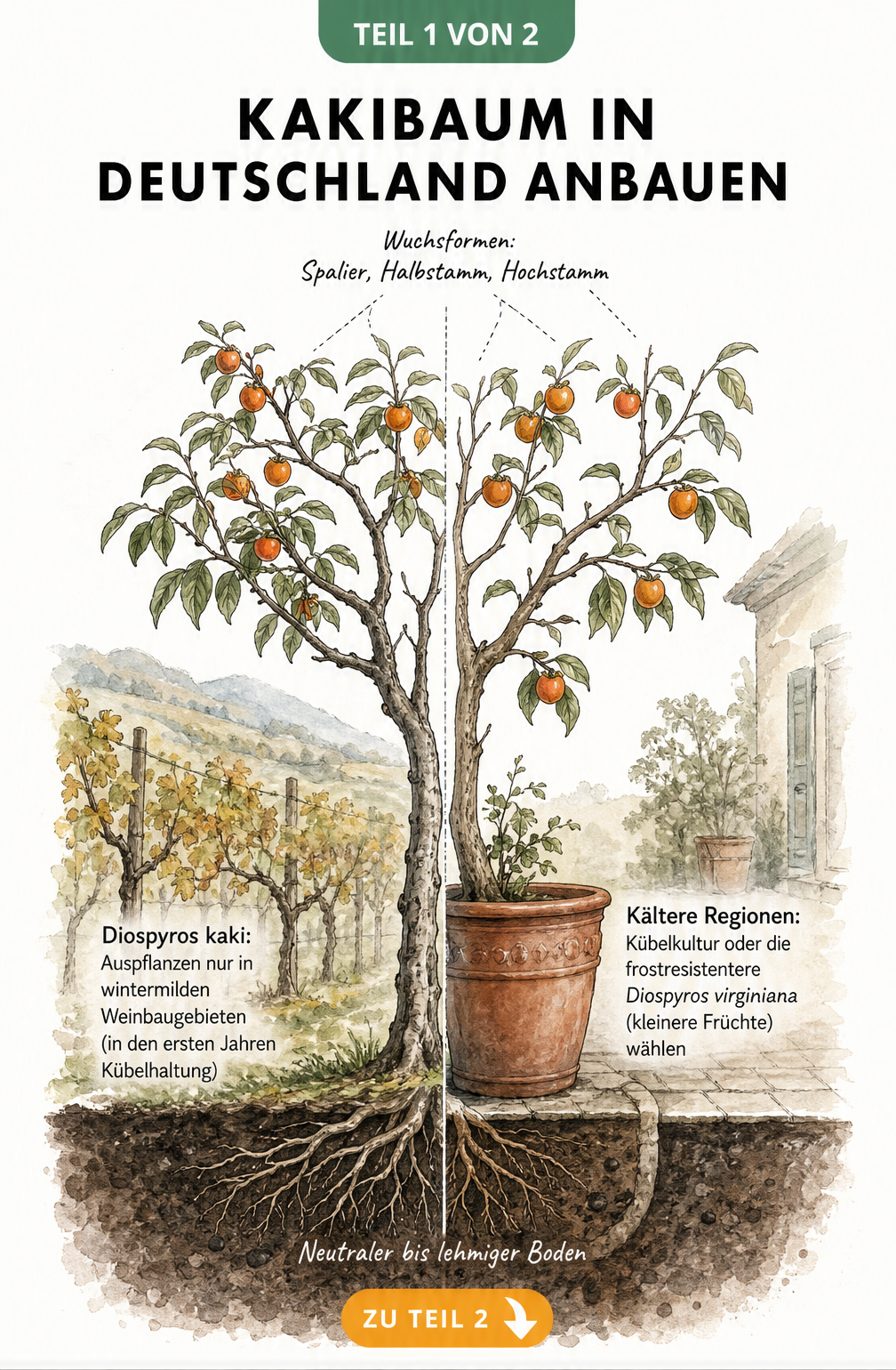 Illustration eines Kakibaums, geteilt in Freiland- und Kübelhaltung mit Wurzelansicht und Wuchsformen