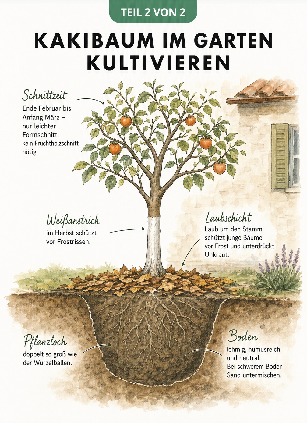 Querschnitt-Illustration eines jungen Kakibaums mit Tipps zu Pflanzloch, Boden, Frostschutz und Schnitt