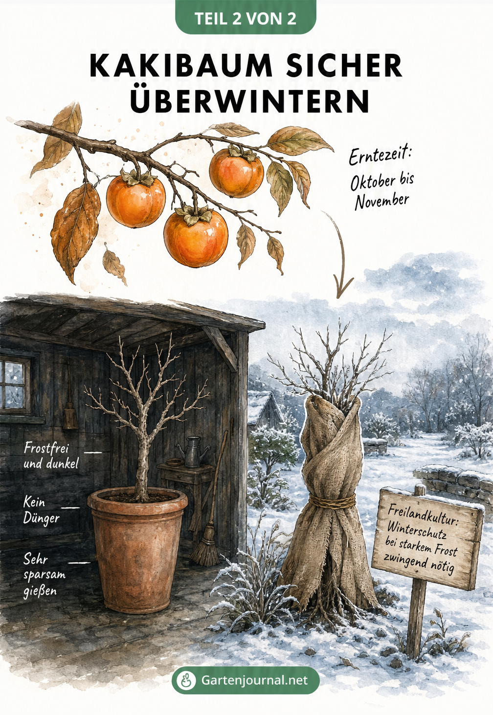 Illustration zur Überwinterung eines Kakibaums im Kübel im Schuppen und im Freiland mit Winterschutz