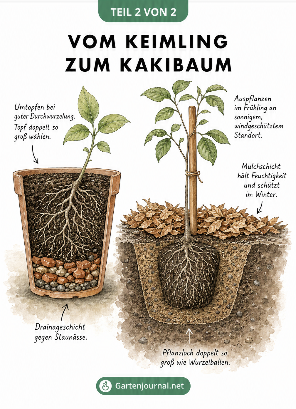 Querschnitt eines Pflanztopfes und eines Pflanzlochs im Garten für einen Kakibaum