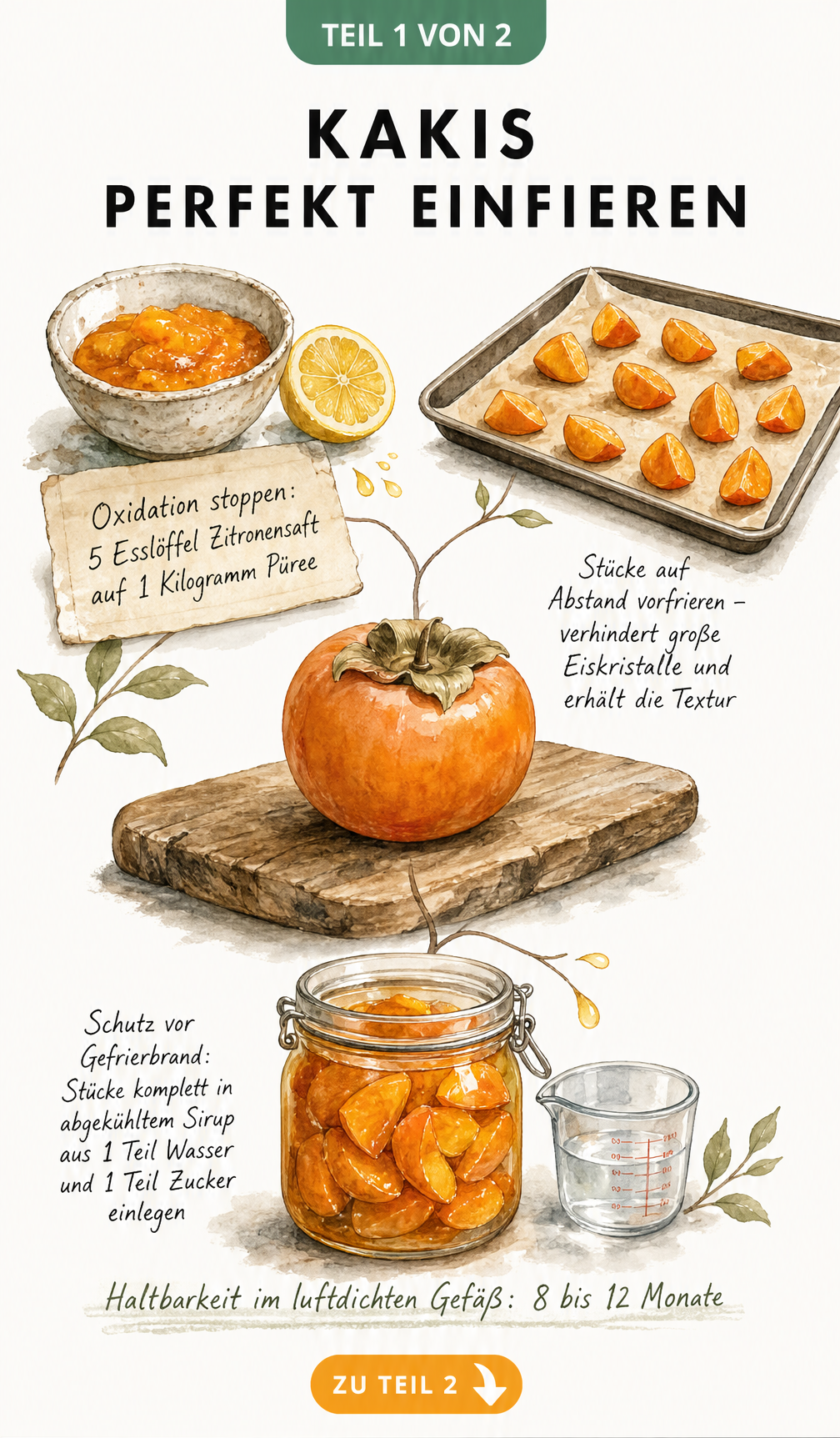 Illustration einer Kaki mit drei Zubereitungswegen zum Einfrieren: Püree mit Zitronensaft, Schockfrosten von Stücken und Einlegen in Sirup.