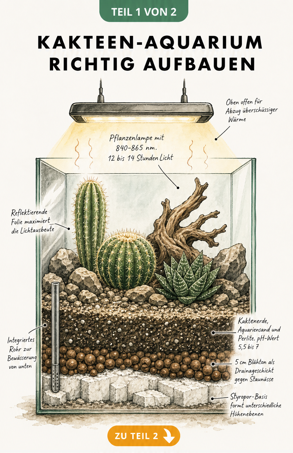 Querschnitt eines Aquariums mit Kakteen, das den Bodenaufbau aus Styropor, Blähton und Kakteenerde sowie die Beleuchtung zeigt