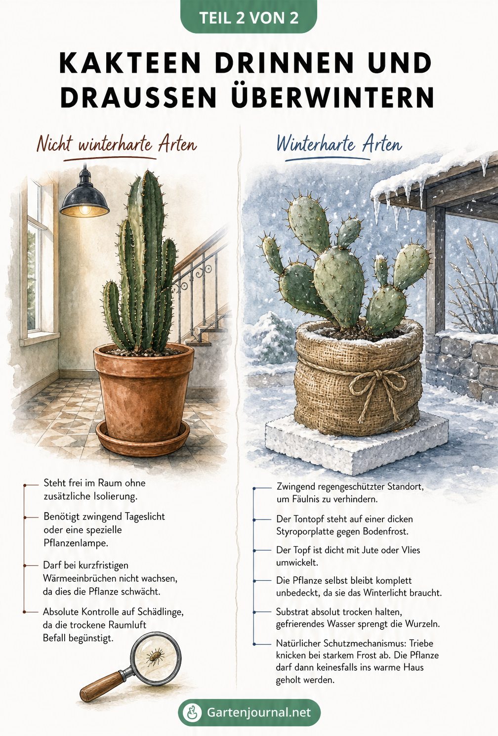 Gegenüberstellung eines Säulenkaktus im kühlen Treppenhaus und eines Feigenkaktus auf der Terrasse im Frost