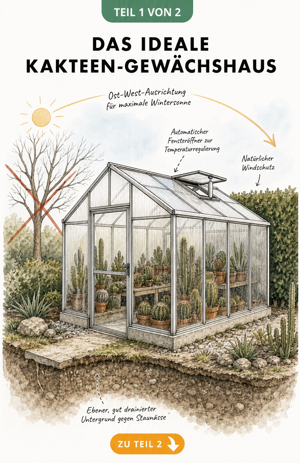 Illustration eines idealen Kakteen-Gewächshauses mit Ost-West-Ausrichtung, Windschutz und automatischem Fensteröffner