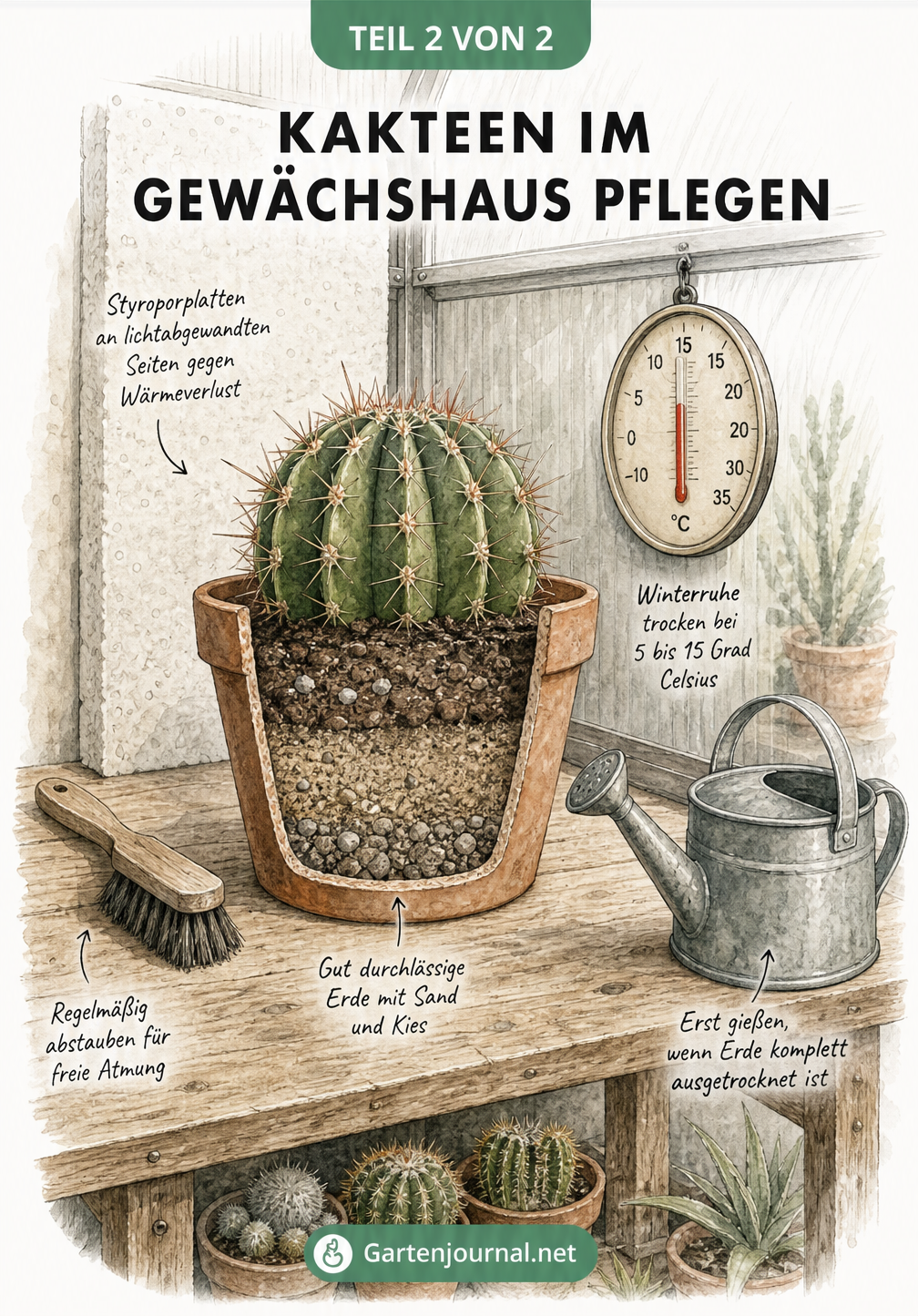 Querschnitt eines Pflanztisches im Gewächshaus mit Kaktus in durchlässiger Erde, Thermometer und Gießkanne